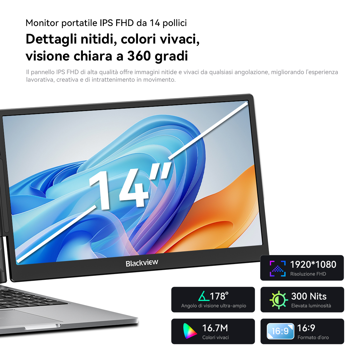 Monitor portatile IPS FHD da 14 pollici con colori vivaci e ampio angolo di visione.