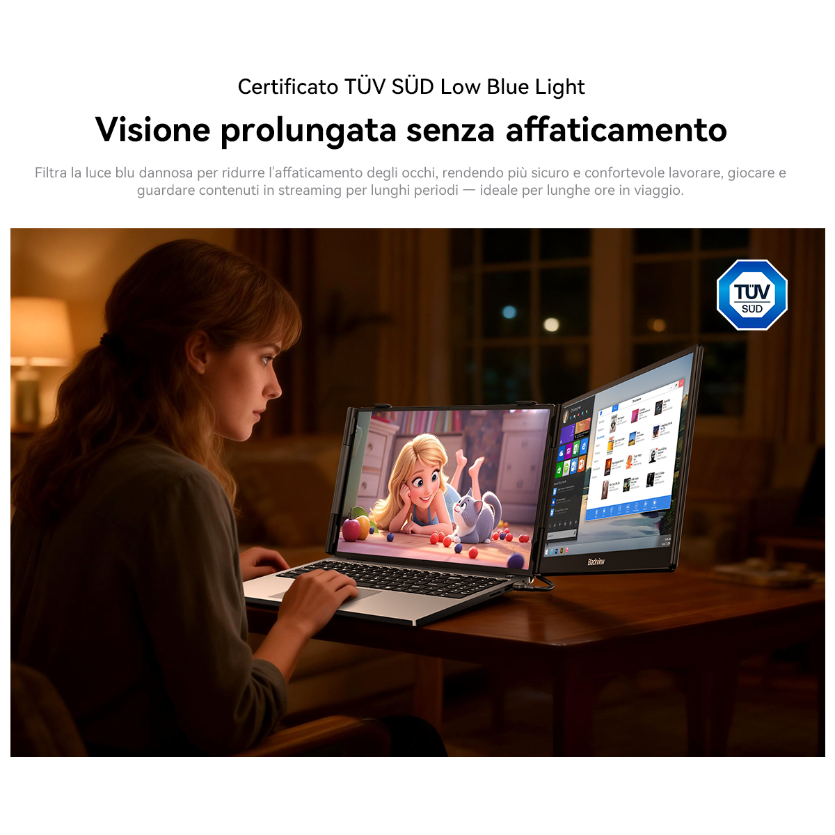 Una donna guarda un laptop a doppio schermo, uno mostra un personaggio dei cartoni animati.