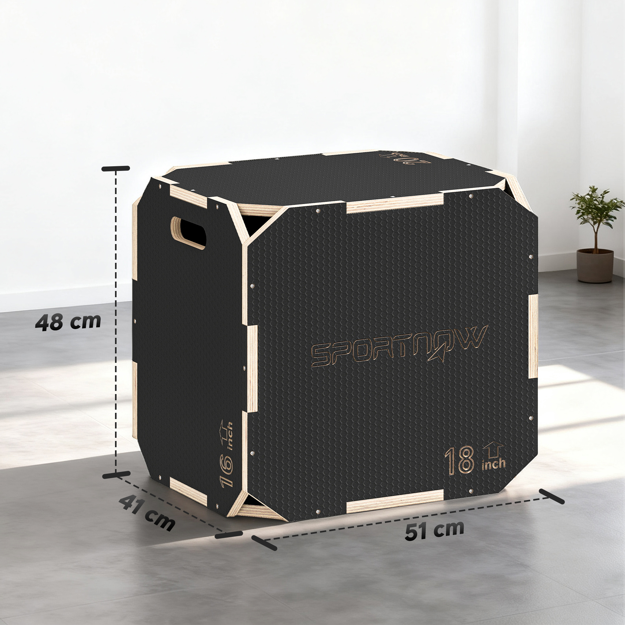 Una caja pliométrica negra con detalles de madera, 48 cm de alto, 41 cm de profundo, 51 cm de ancho.