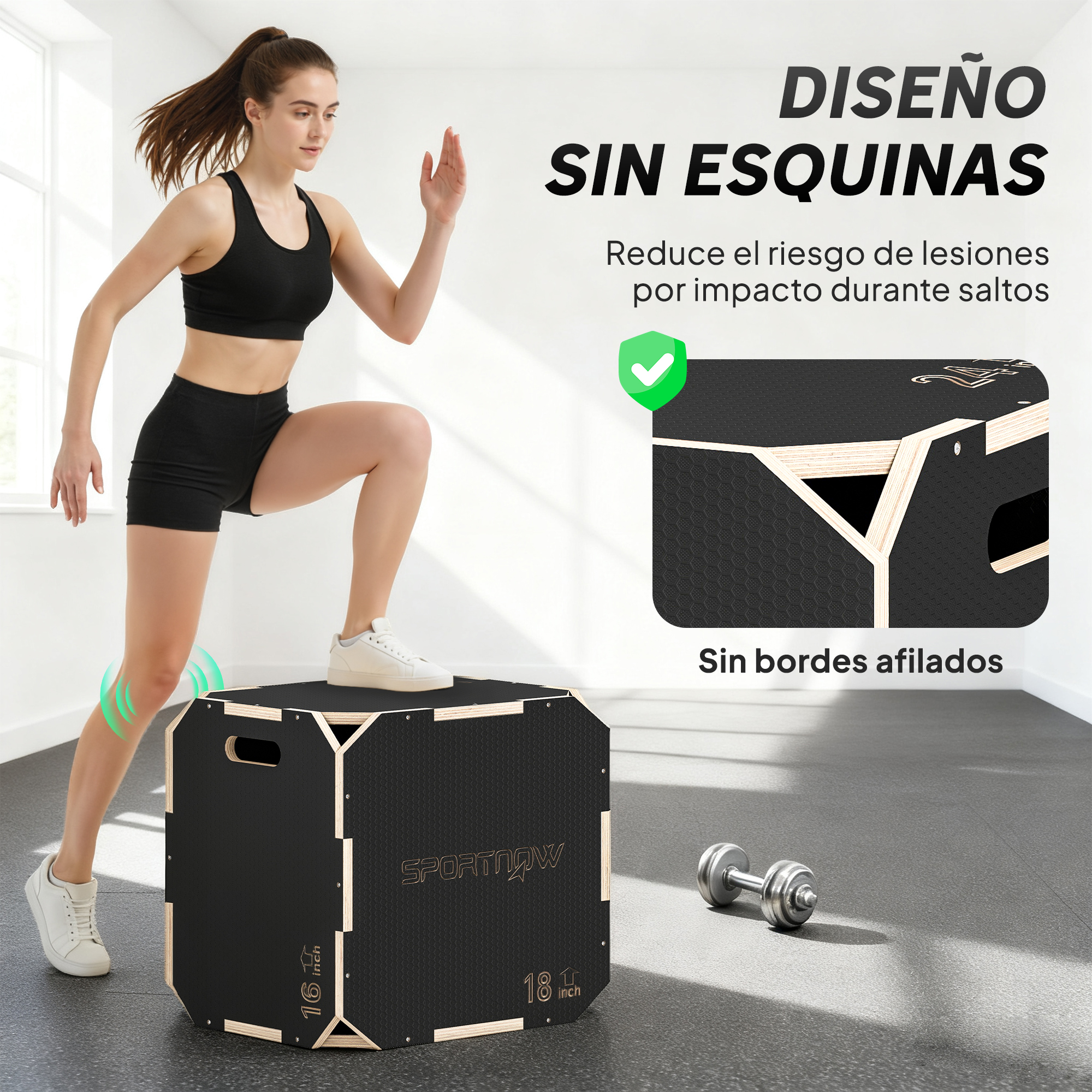 Una mujer en ropa deportiva entrena en una caja negra. Una pesa está cerca.