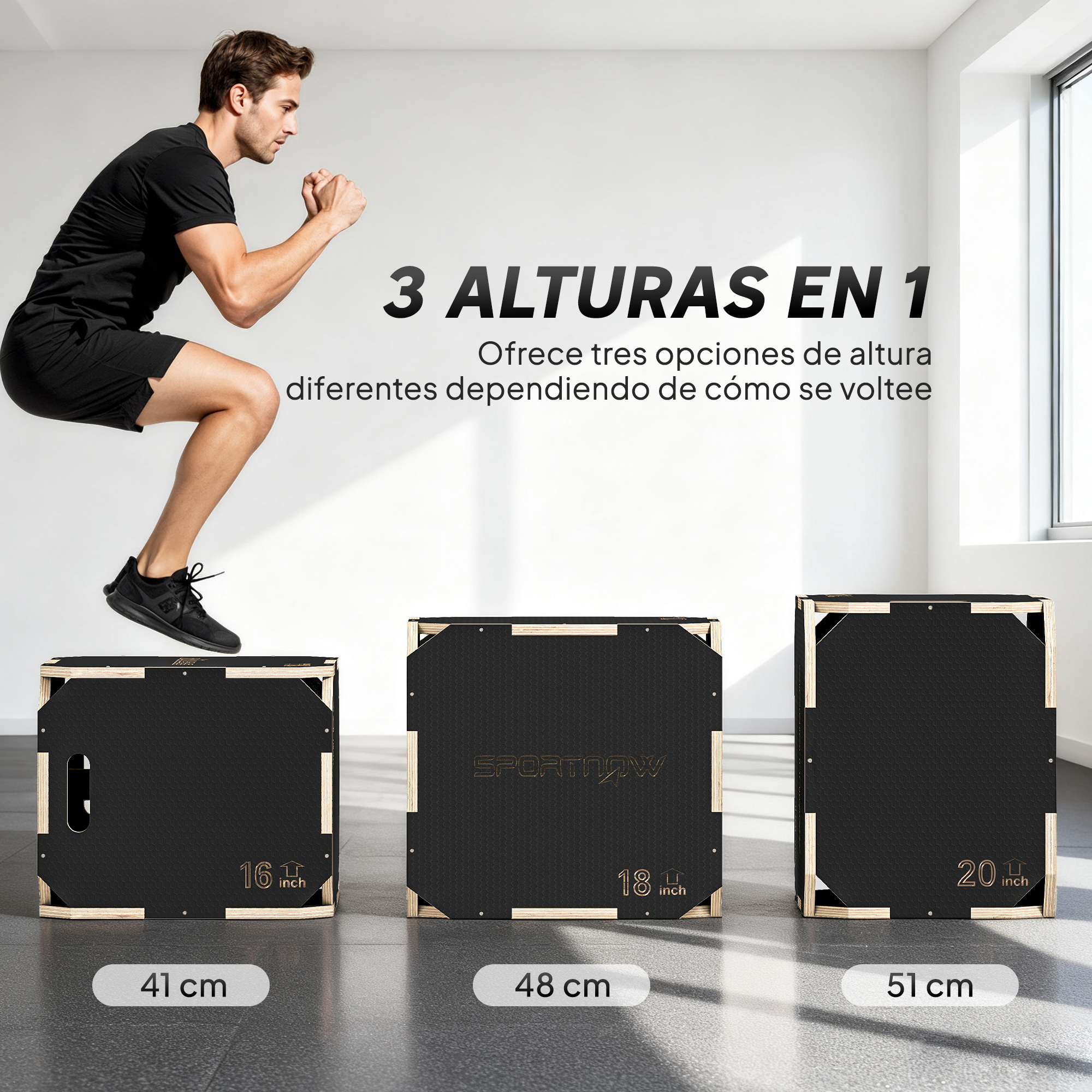 Hombre salta sobre cajas de tres alturas: 41cm, 48cm, 51cm.