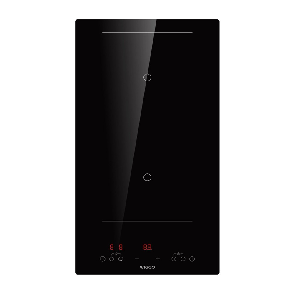 Black induction cooktop with two cooking zones and digital display.