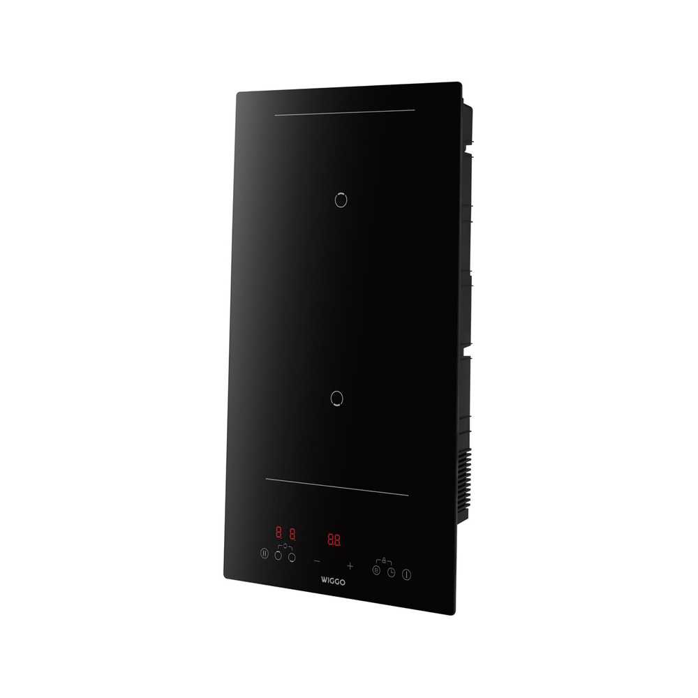 A black induction hob with two cooking zones and a digital display.