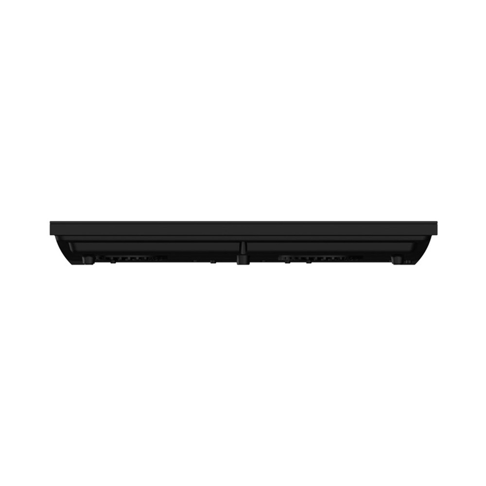 A black, flat electronic device with vents on its underside.