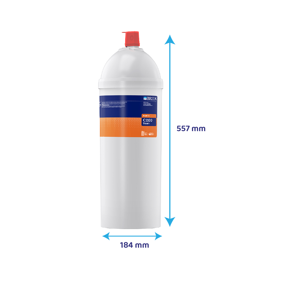 Ein weißer Brita C1100 Steam Wasserfilter mit orangefarbenem Streifen und roten Verschluss.