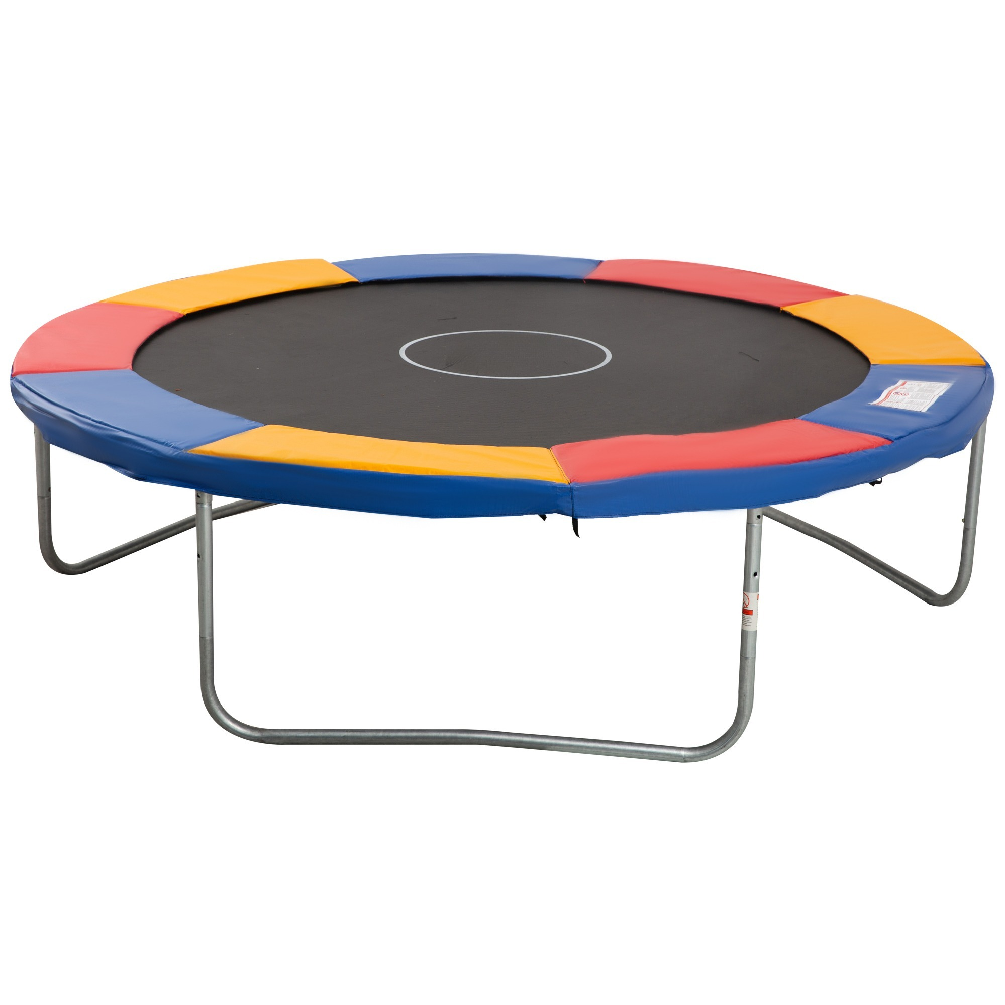 Ein rechteckiges Trampolin mit blauem, rotem und gelbem Randpolster und einem schwarzen Sprungtuch.