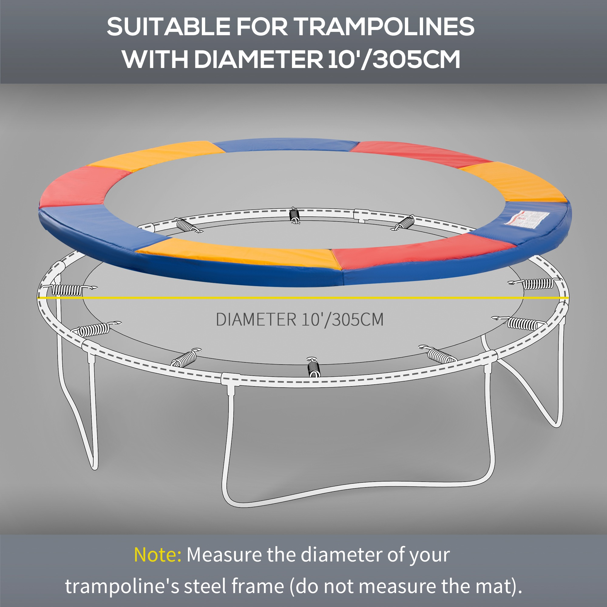 Trampolinabdeckung für 305cm Durchmesser mit blauen, roten und gelben Polstern.