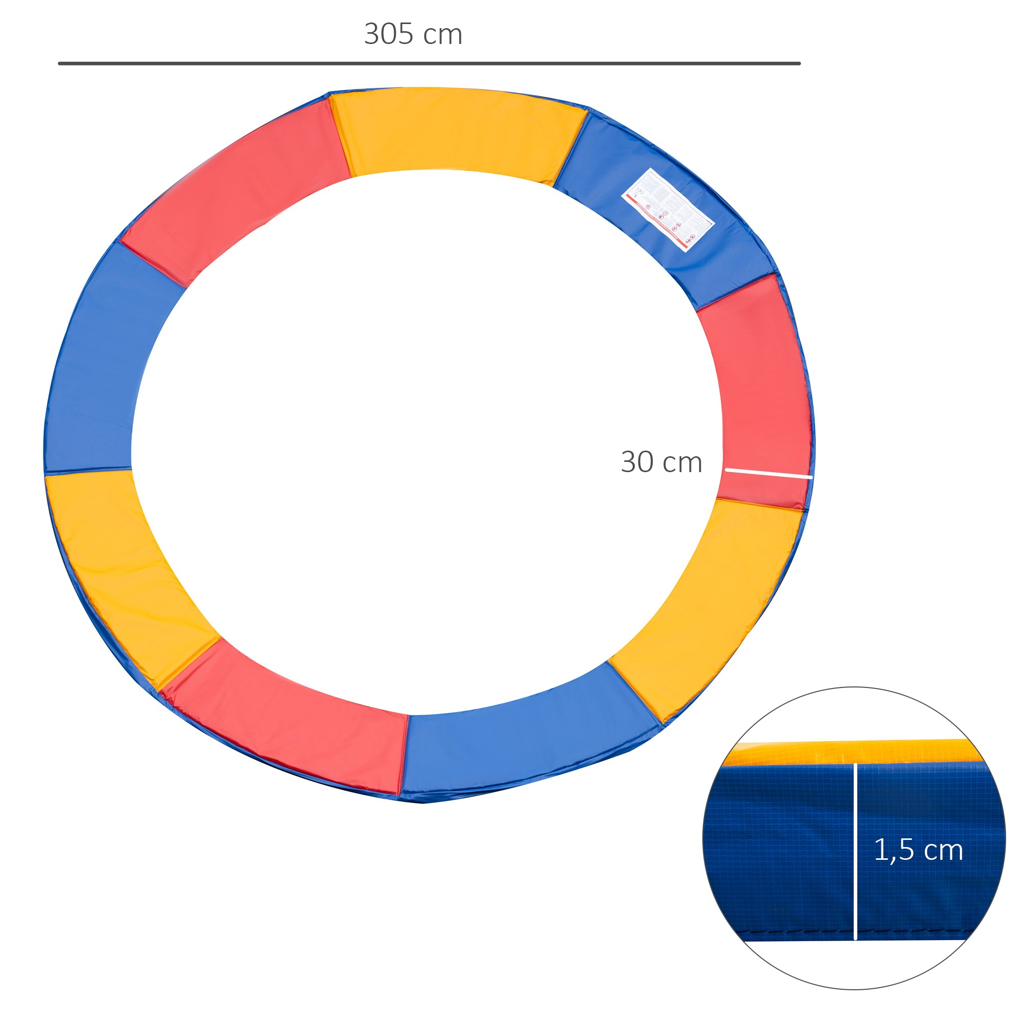 Ein runder Trampolin-Rand mit roten, gelben und blauen Segmenten, mit Maßen.