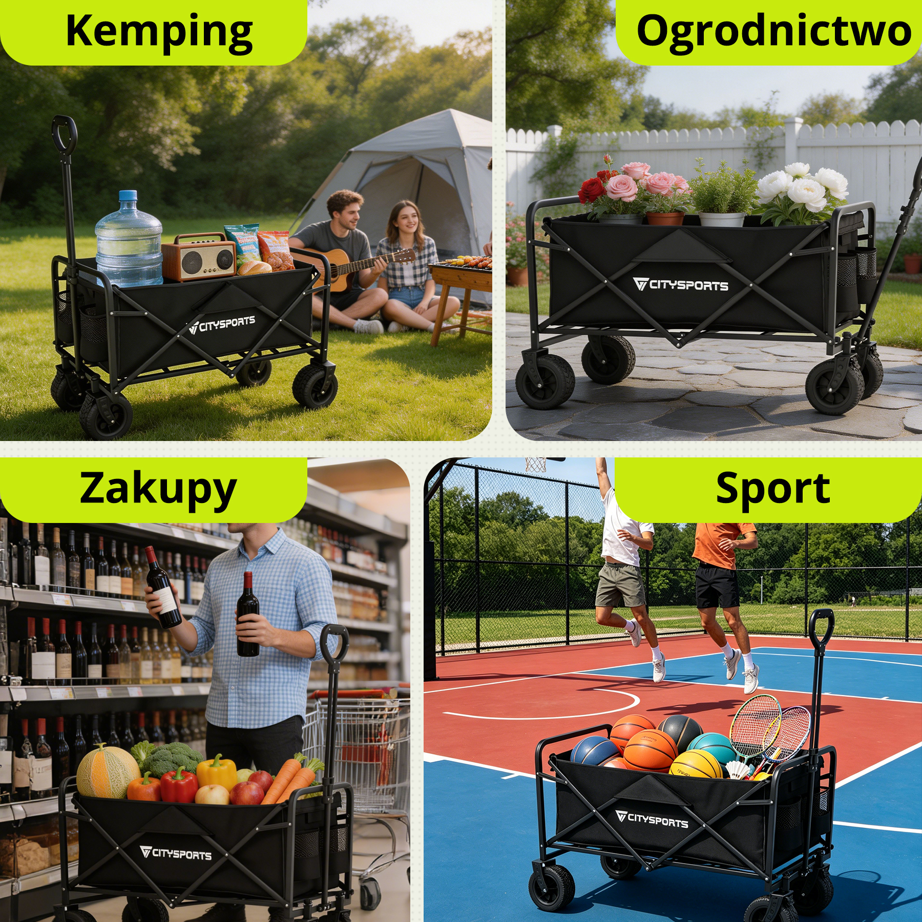 Cztery sceny pokazują czarny wózek: kemping, ogród, zakupy, sport.