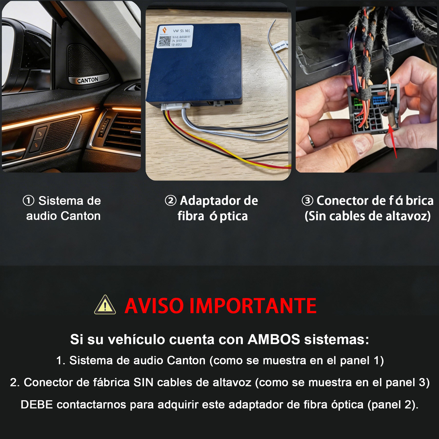 Interior de coche con audio Canton, adaptador de fibra óptica y conector.