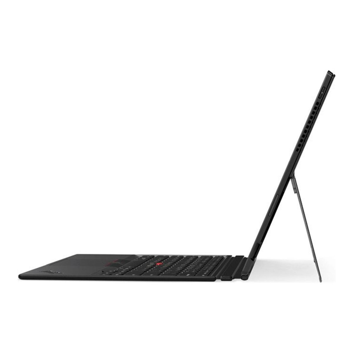 Schwarzer Convertible-Laptop mit Tastatur, geöffnet, Seitenansicht. Weißer Hintergrund.