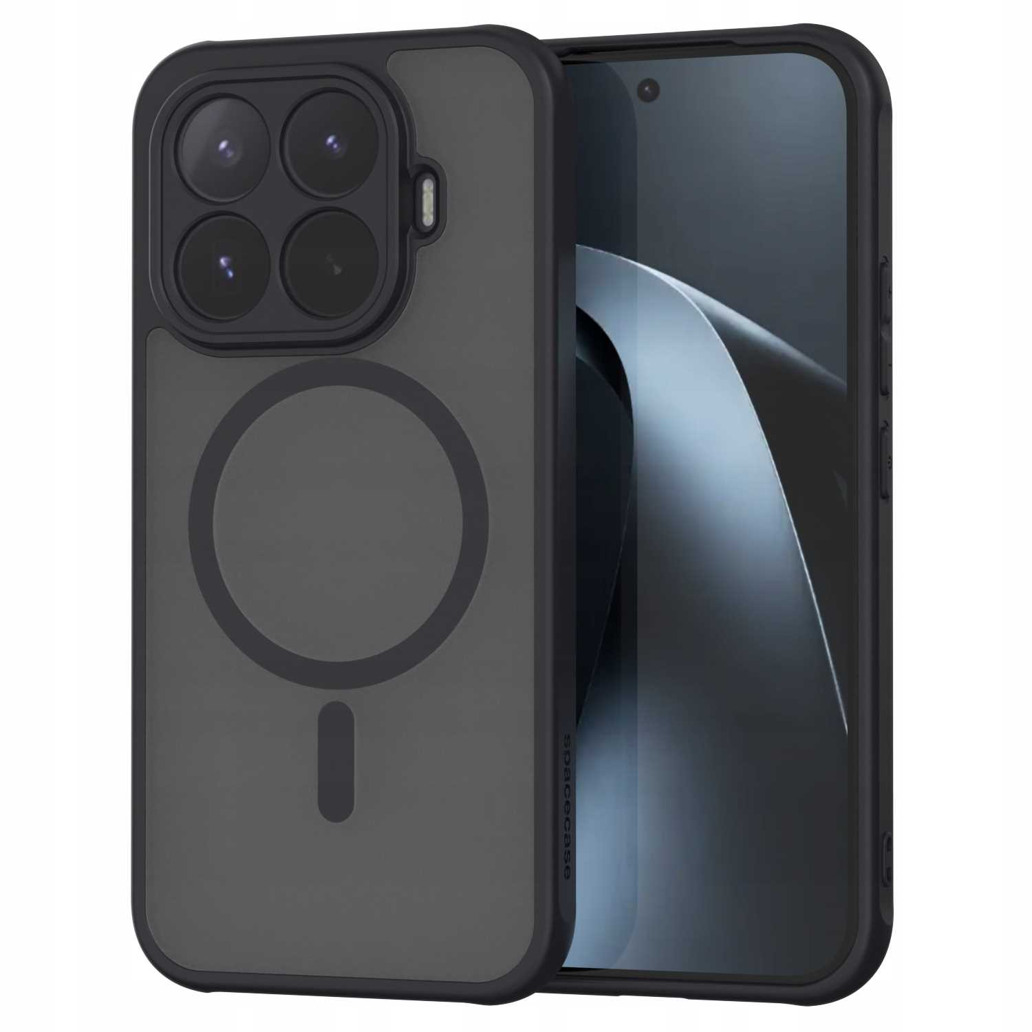 Czarne etui na telefon z czterema aparatami i pierścieniem magnetycznym.