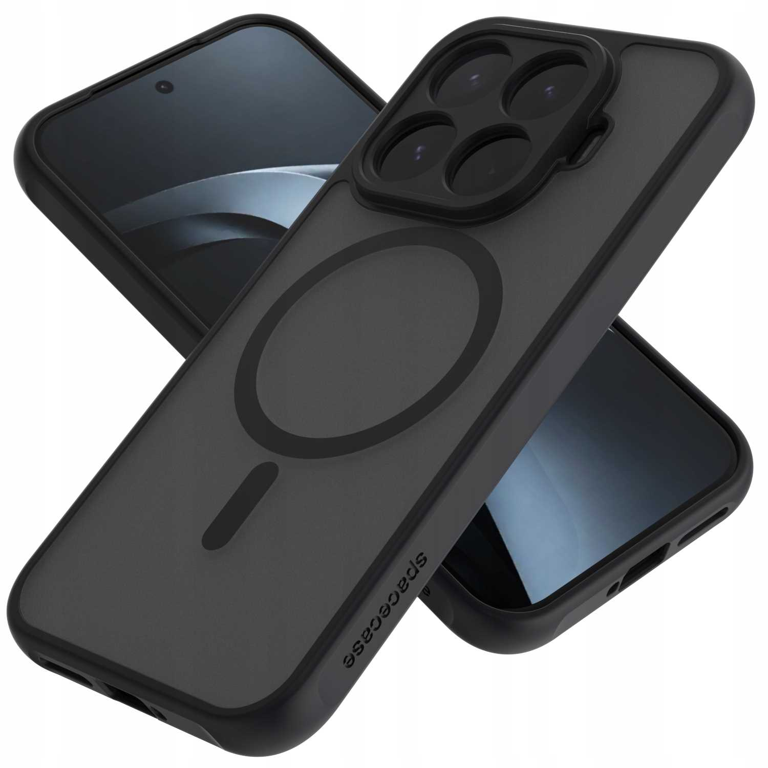 Czarna obudowa na telefon z pierścieniem MagSafe i czterema obiektywami na smartfonie.