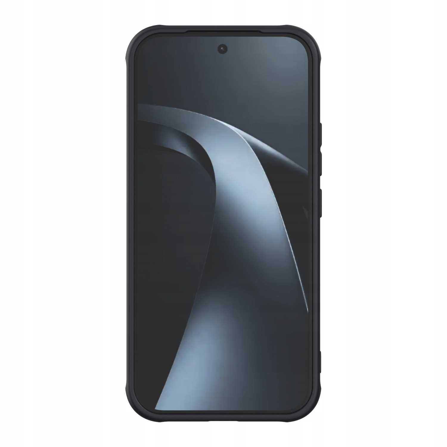 Czarny smartfon z abstrakcyjnym wzorem na ciemnym ekranie.