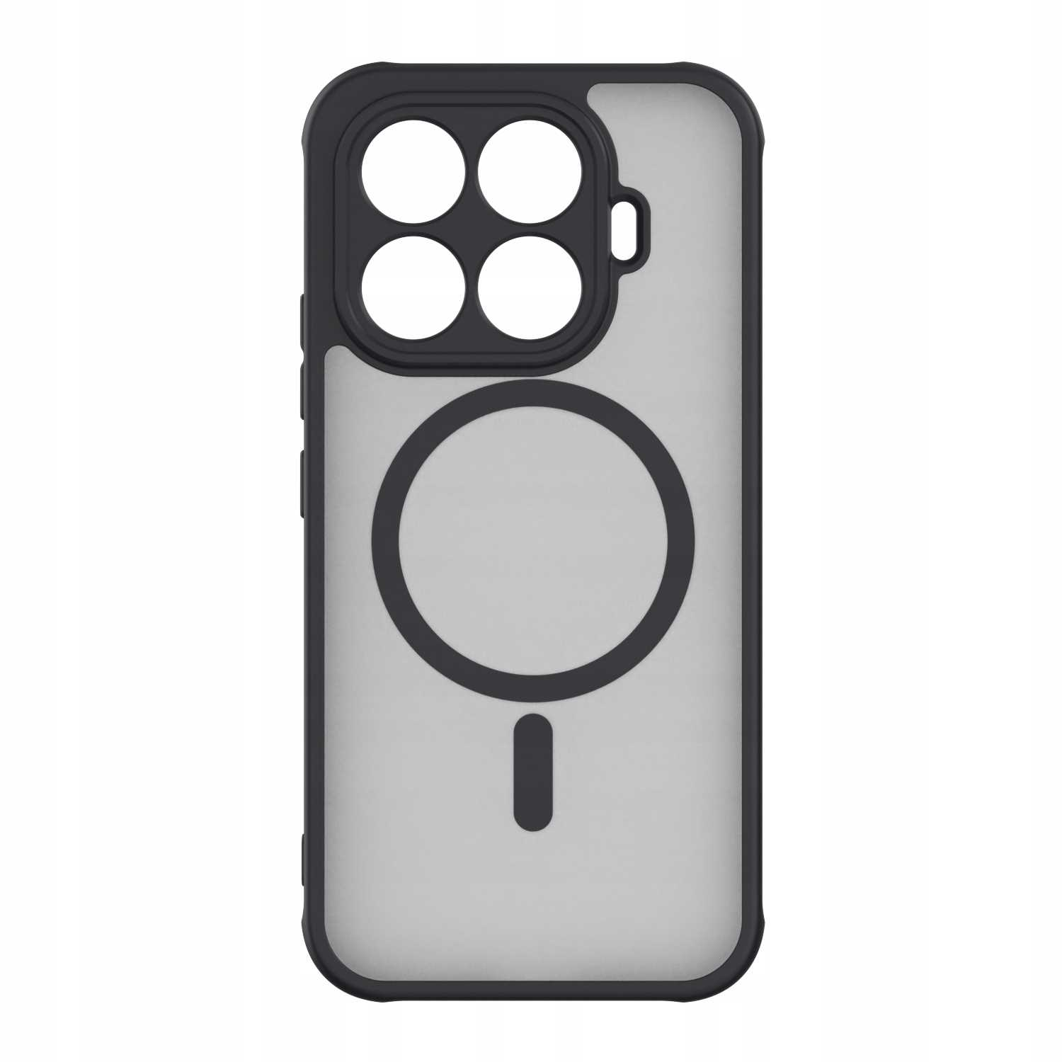 Czarne etui na iPhone z przezroczystym tyłem i wycięciem na aparat.
