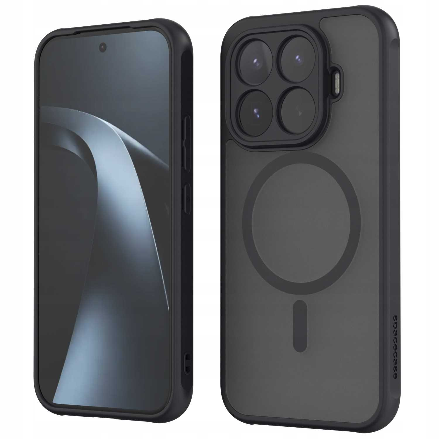 Czarne etui na telefon pokazane z przodu i z tyłu. Przód pokazuje ekran, tył aparat i pierścień magnetyczny.