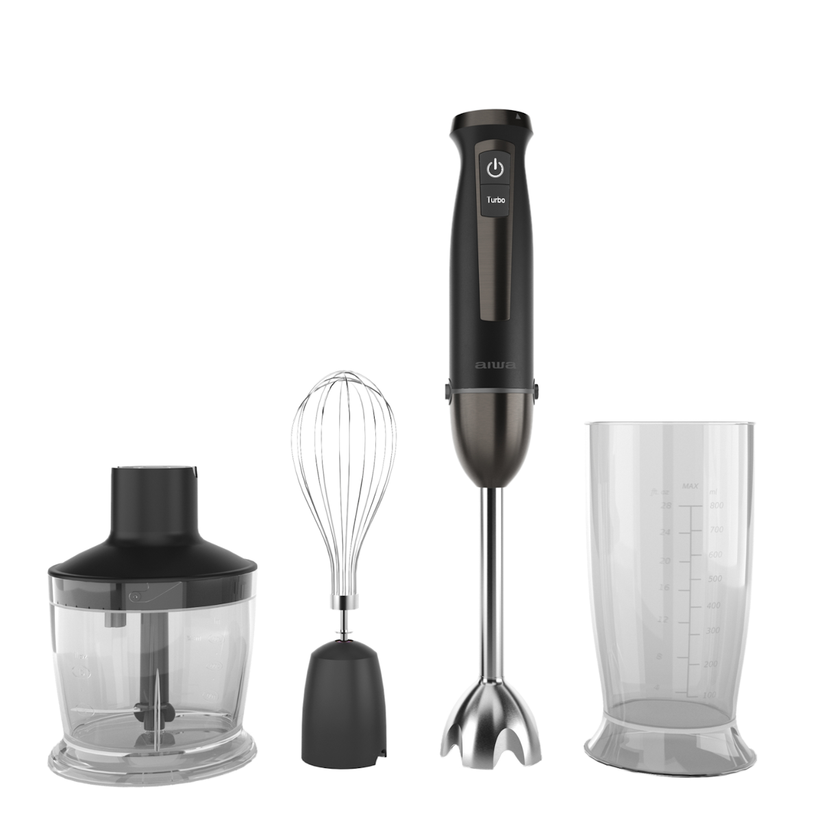 Czarny blender ręczny z przyciskiem turbo, trzepaczką, siekaczem i kubkiem miarowym.