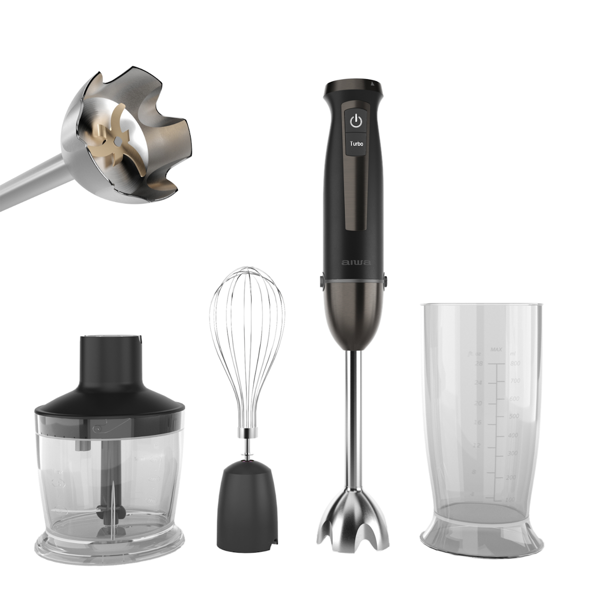 Blender ręczny z akcesoriami: siekacz, trzepaczka, blender i kubek miarowy.