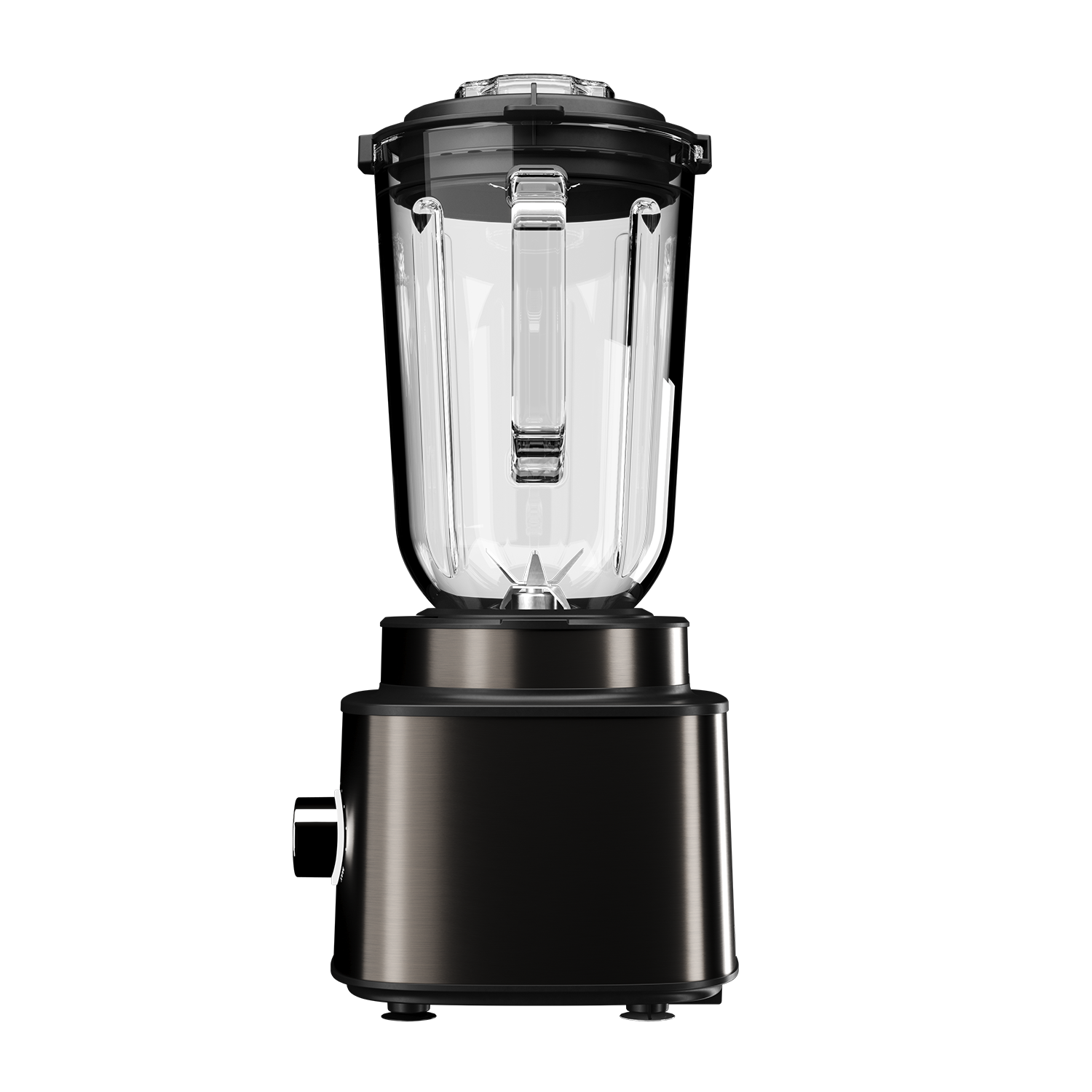 Czarny blender z przezroczystym szklanym dzbankiem i czarną podstawą, na białym tle.