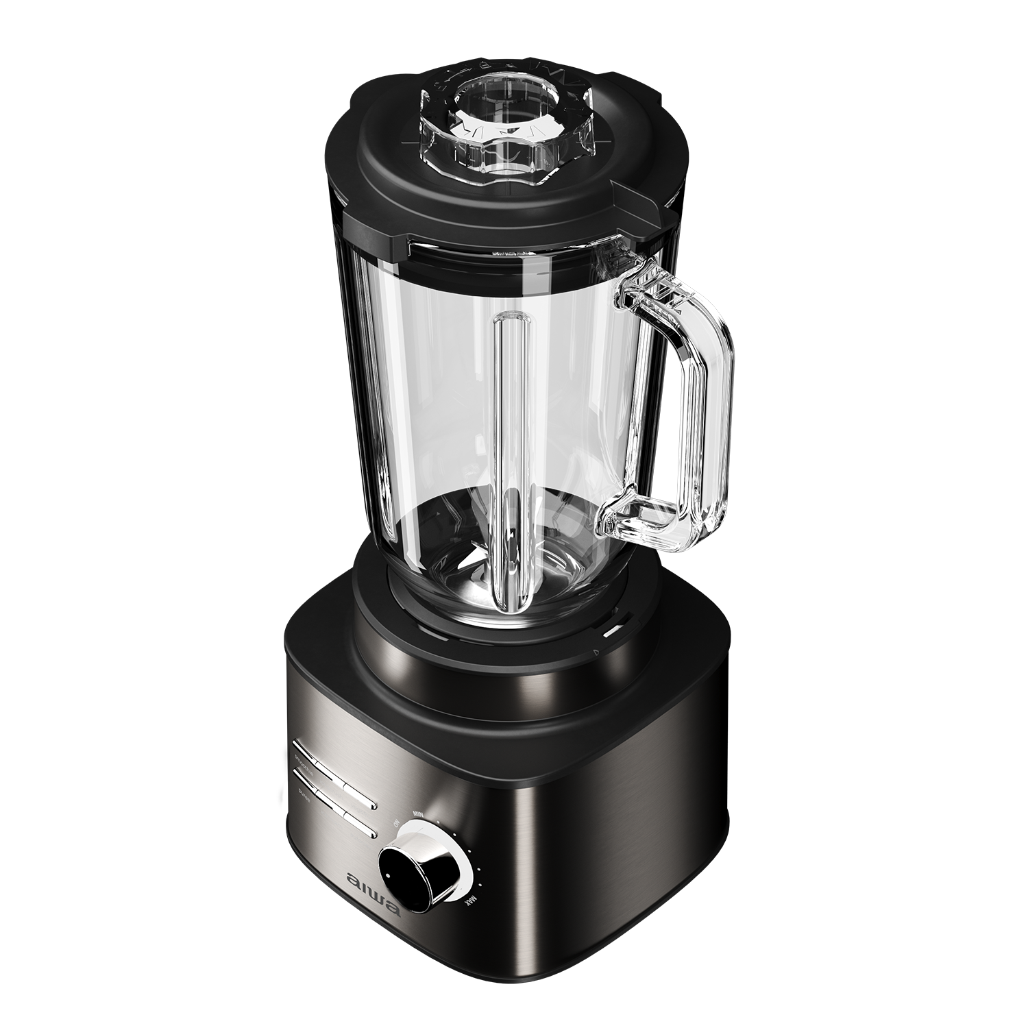 Czarny blender ze szklanym dzbankiem, srebrną podstawą i pokrętłem.