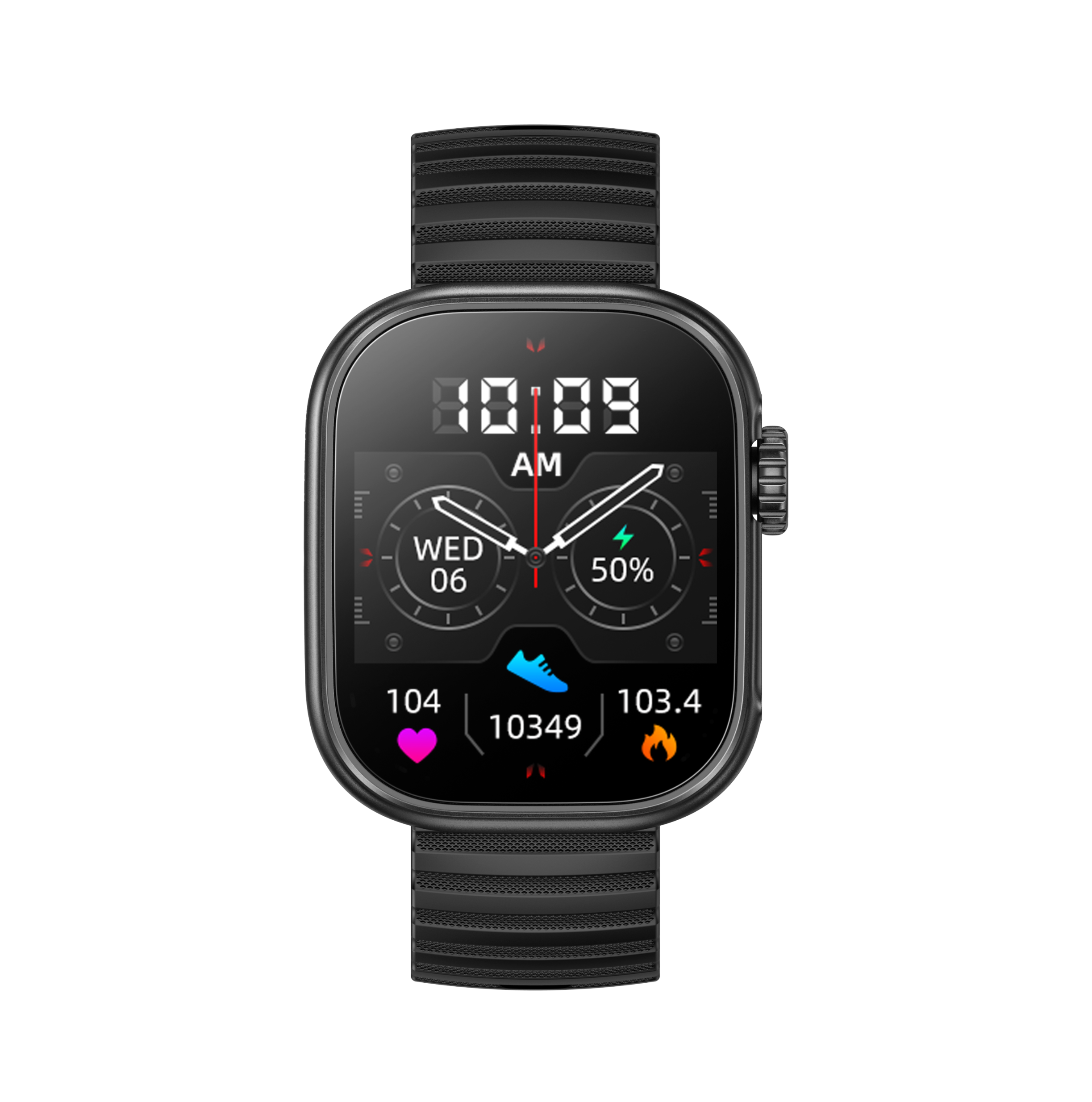 Czarny smartwatch z tarczą: 10:09 AM, Śr 06, 50% baterii.