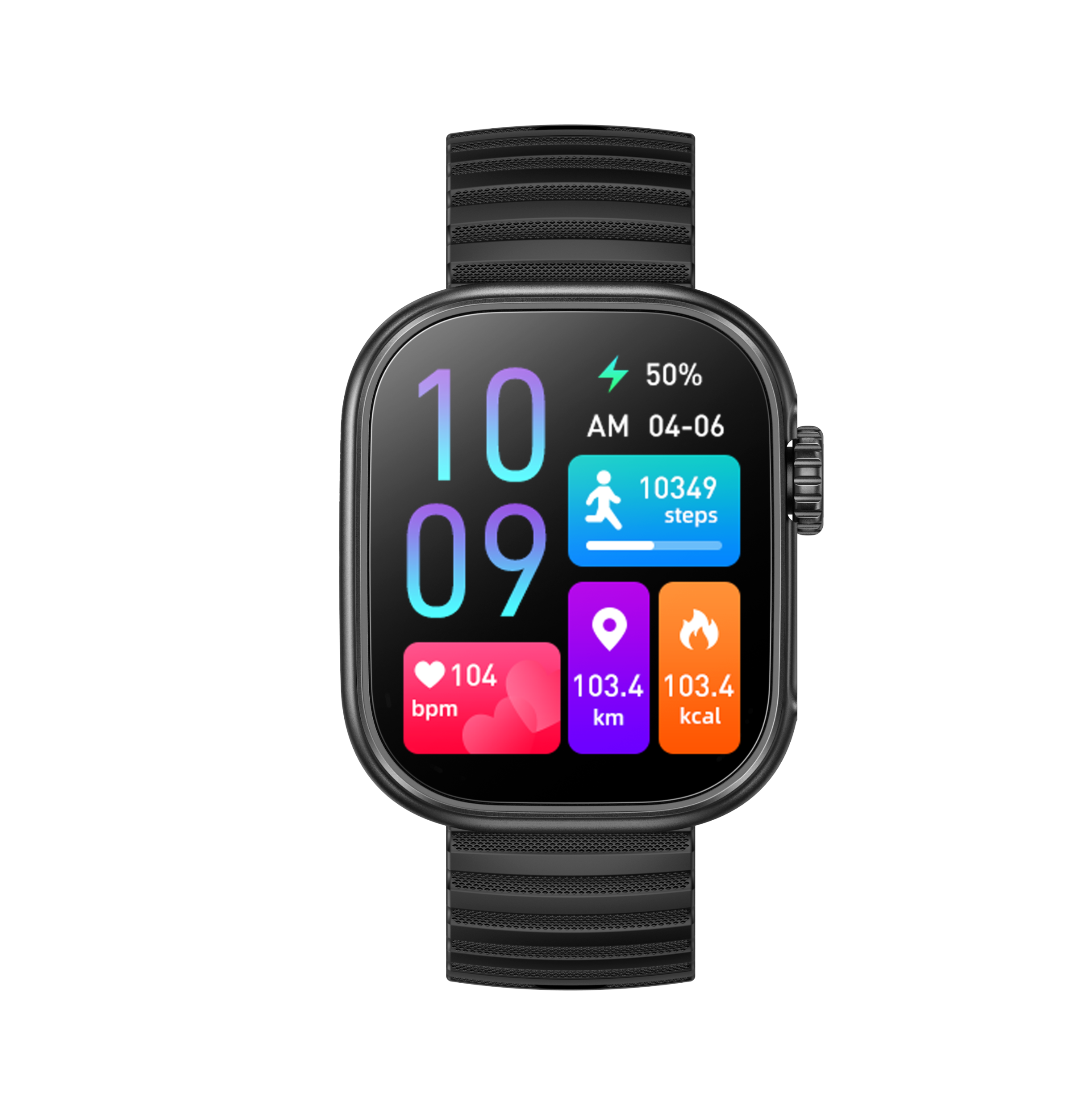 Czarny smartwatch wyświetla godzinę, 50% baterii, 10349 kroków, 104 bpm, 103.4 km, 103.4 kcal.