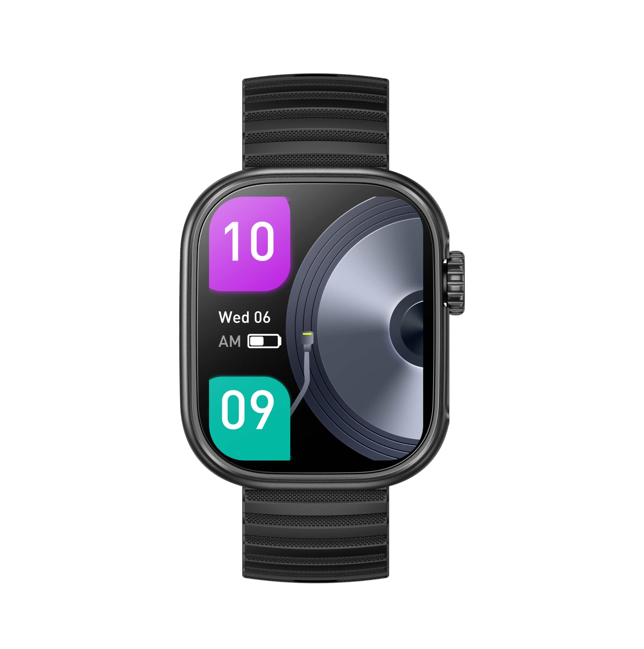 Czarny smartwatch z prostokątnym wyświetlaczem pokazującym godzinę i baterię.
