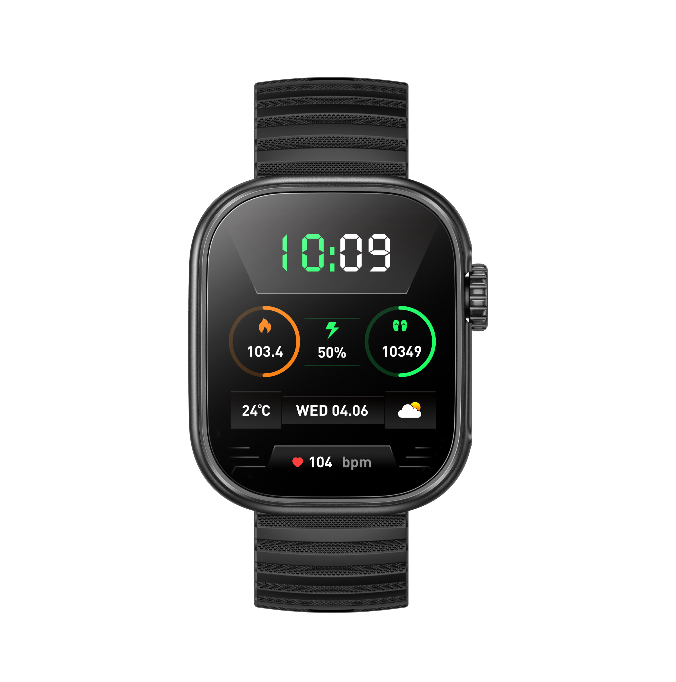Czarny smartwatch z ekranem: 10:09, 24°C, Śr 04.06.