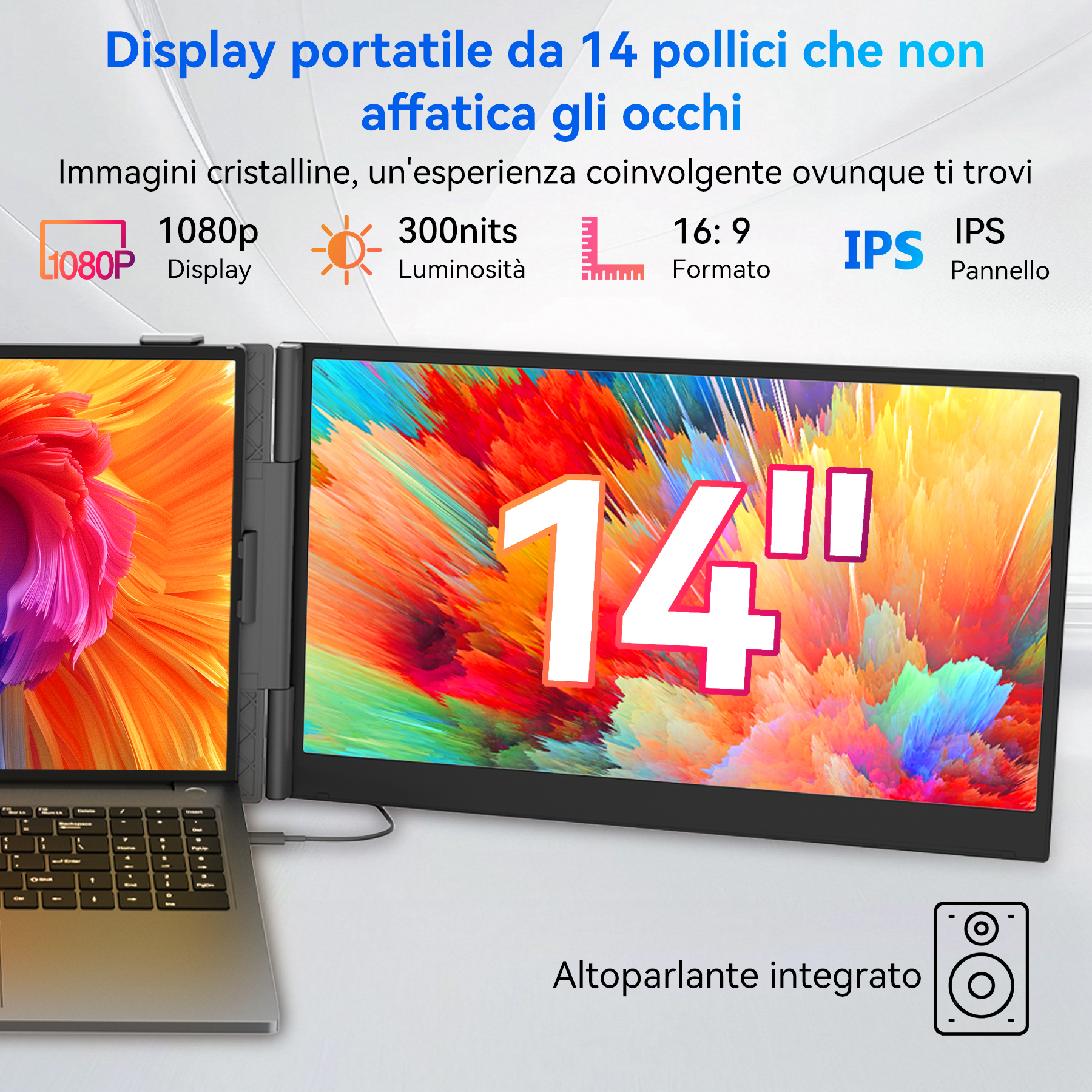 Display portatile da 14 pollici 1080p, 300 nits, pannello IPS 16:9, accanto a un laptop.
