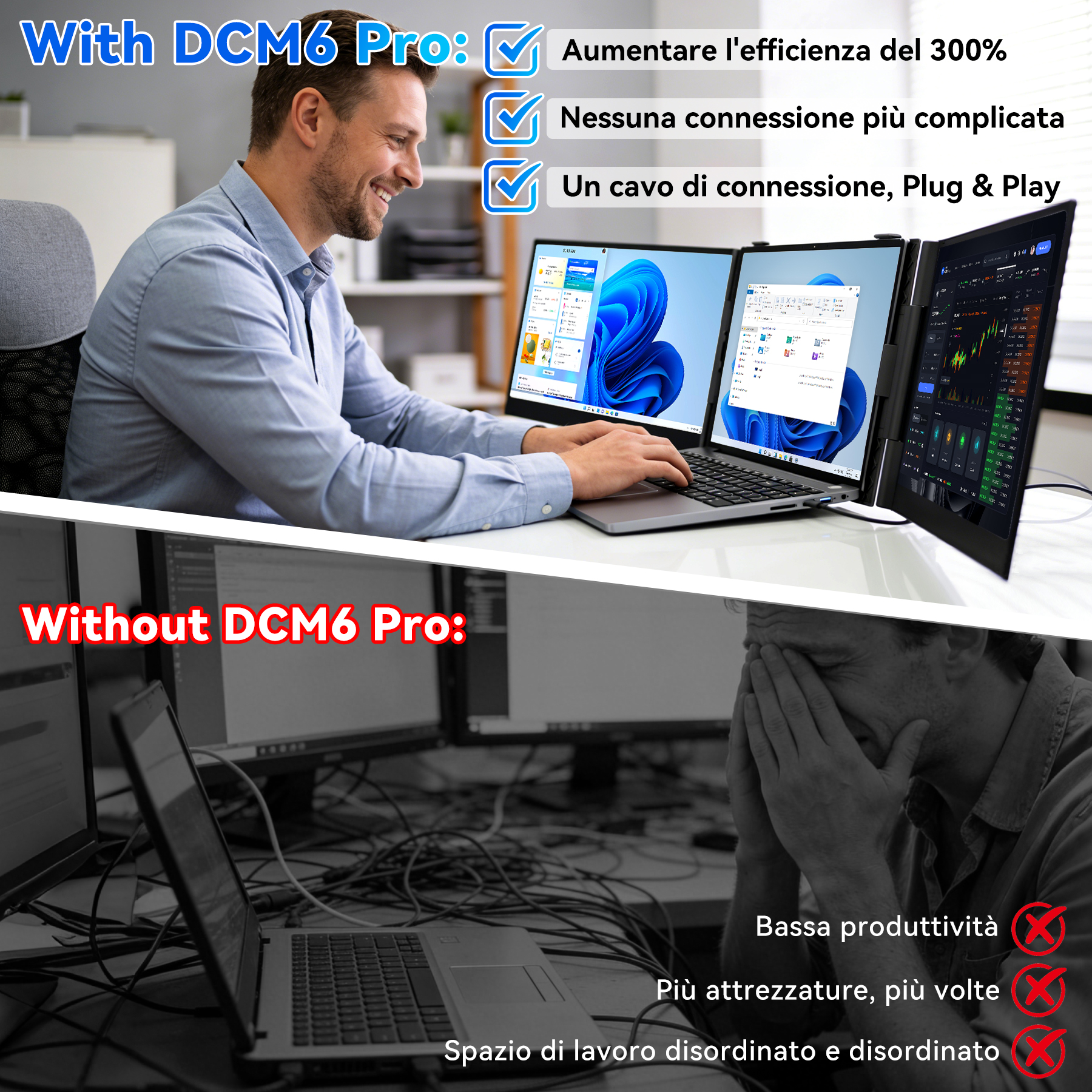 Uomo lavora con 3 monitor; sotto un uomo con occhi chiusi.
