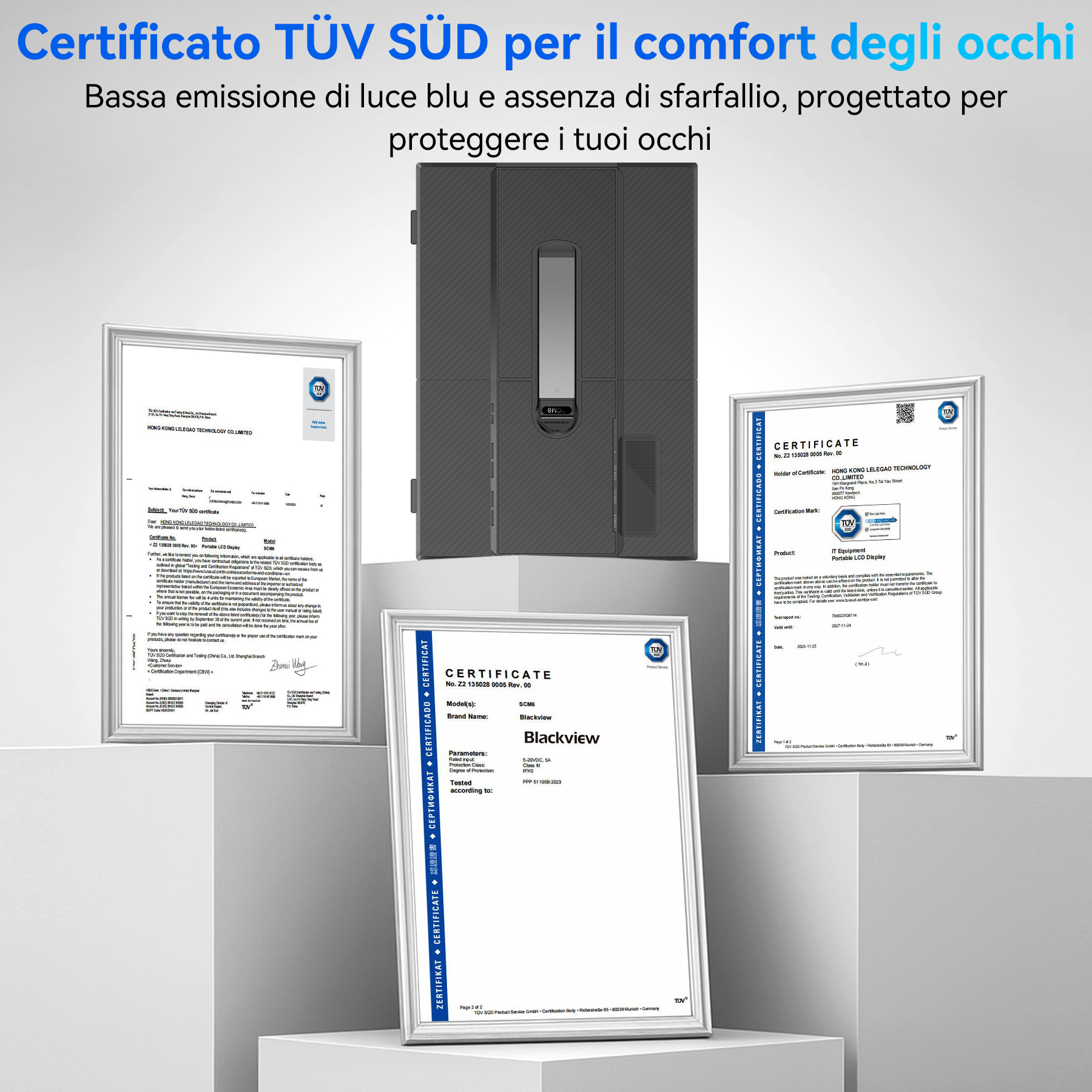 Un monitor con certificati TUV SUD a bassa emissione di luce blu e senza sfarfallio.