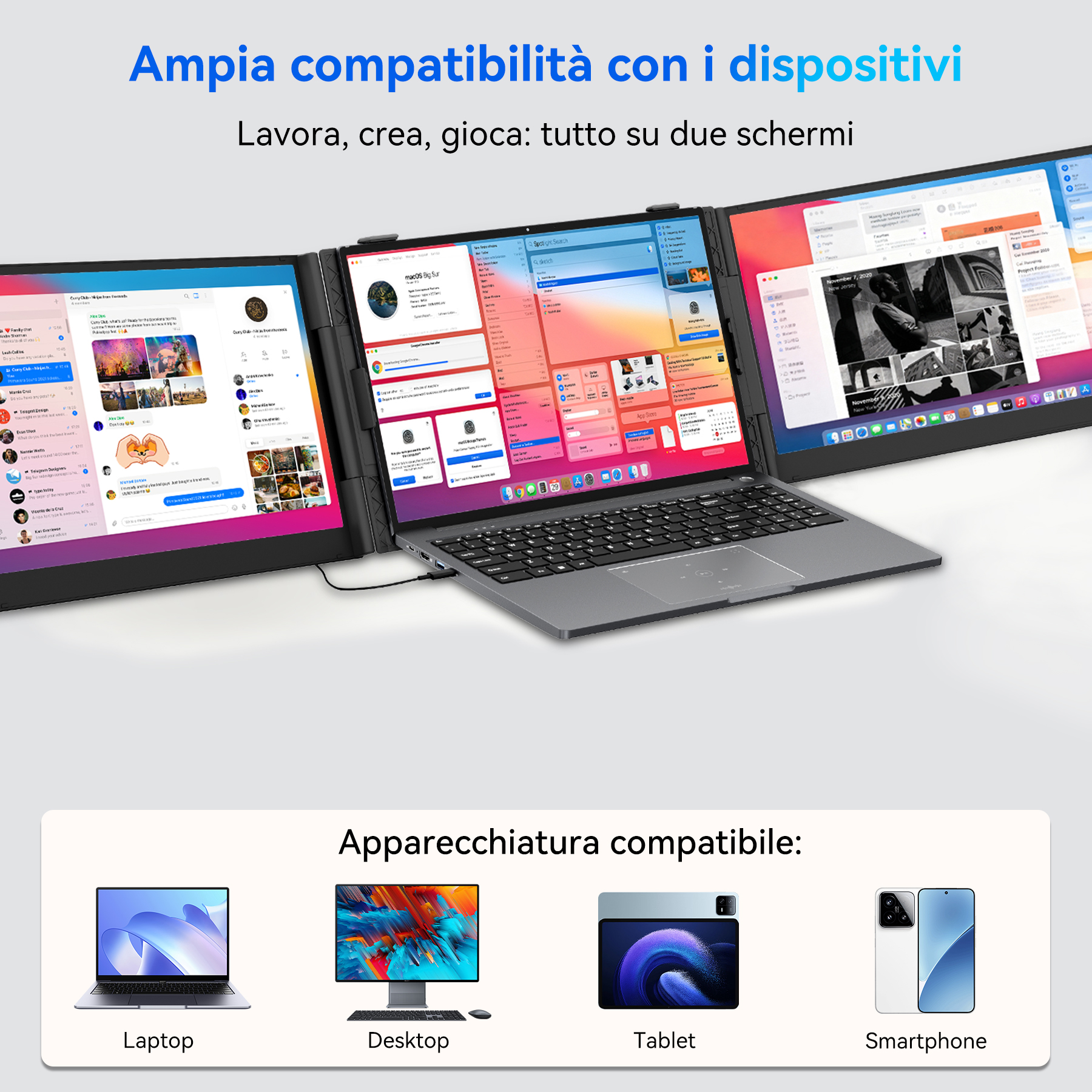 Un laptop con due monitor aggiuntivi che mostrano varie app.