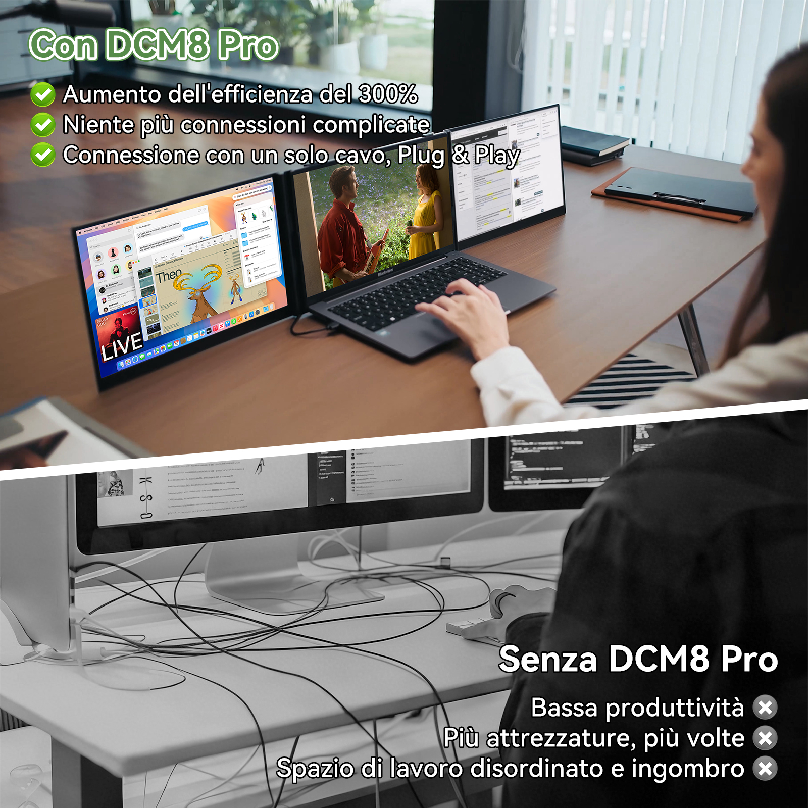 Sopra: Laptop con 2 schermi aggiuntivi. Sotto: Postazione di lavoro con molti cavi.