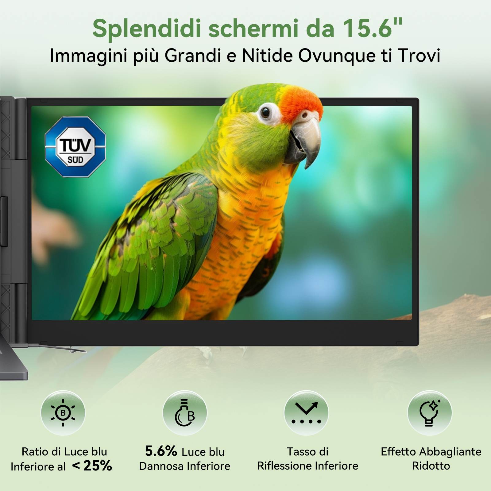 Un pappagallo verde e giallo soffice siede su un ramo, bordo schermo visibile.
