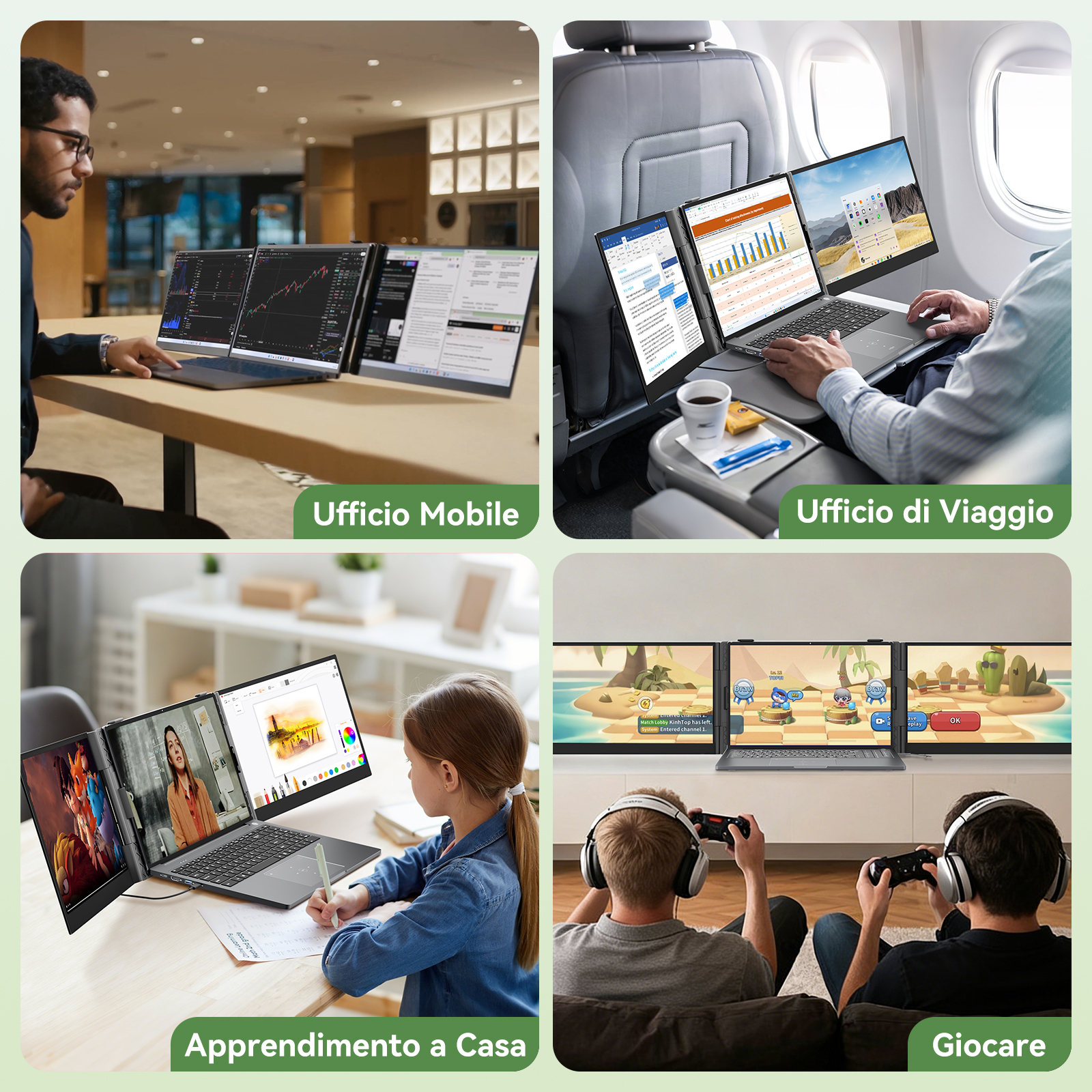 Quattro scene mostrano laptop con schermi aggiuntivi: lavoro, viaggio, apprendimento, gioco.