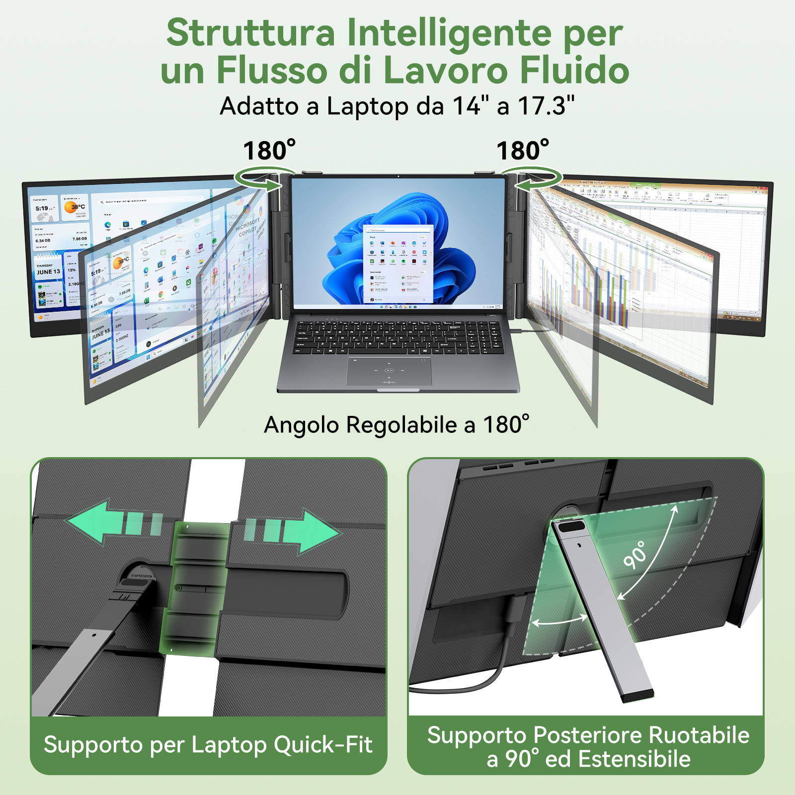 Un laptop con tre schermi che ruotano a 180 gradi.