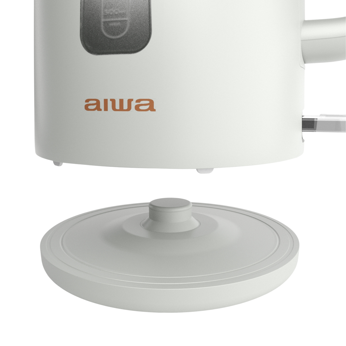 Biały czajnik elektryczny z logo 'Aiwa' i osobną podstawą.