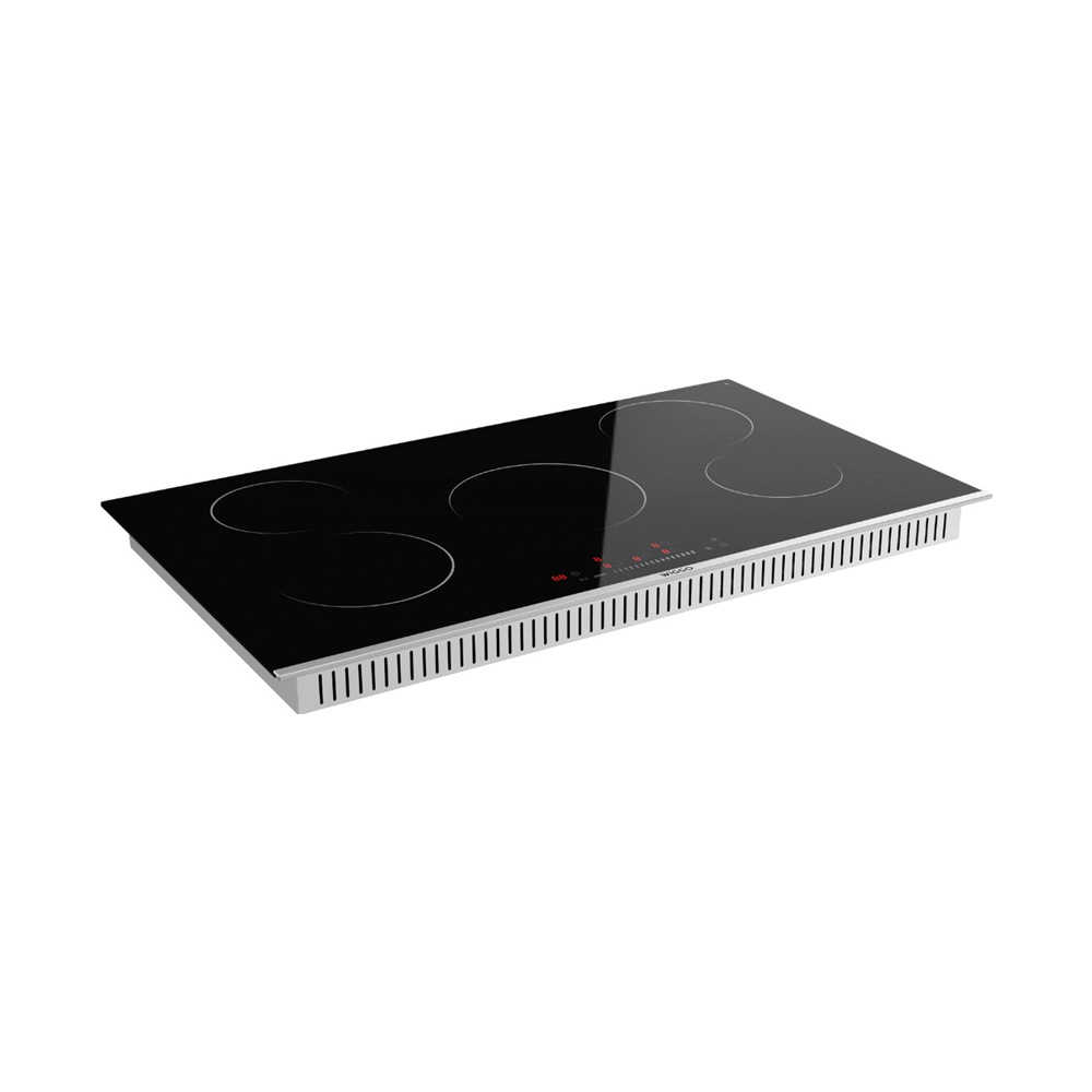 A black induction hob with four cooking zones and a digital display.