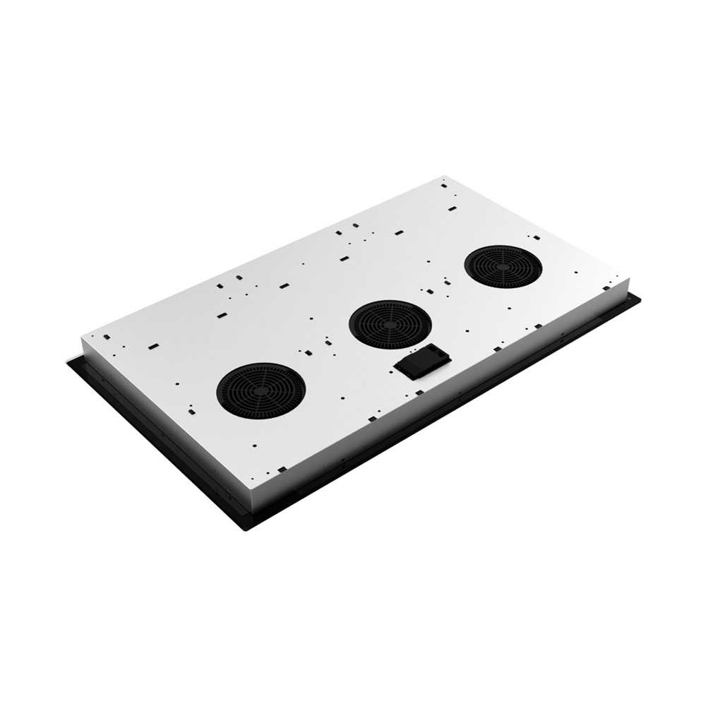 Underside of a cooktop with three fans and a black frame.
