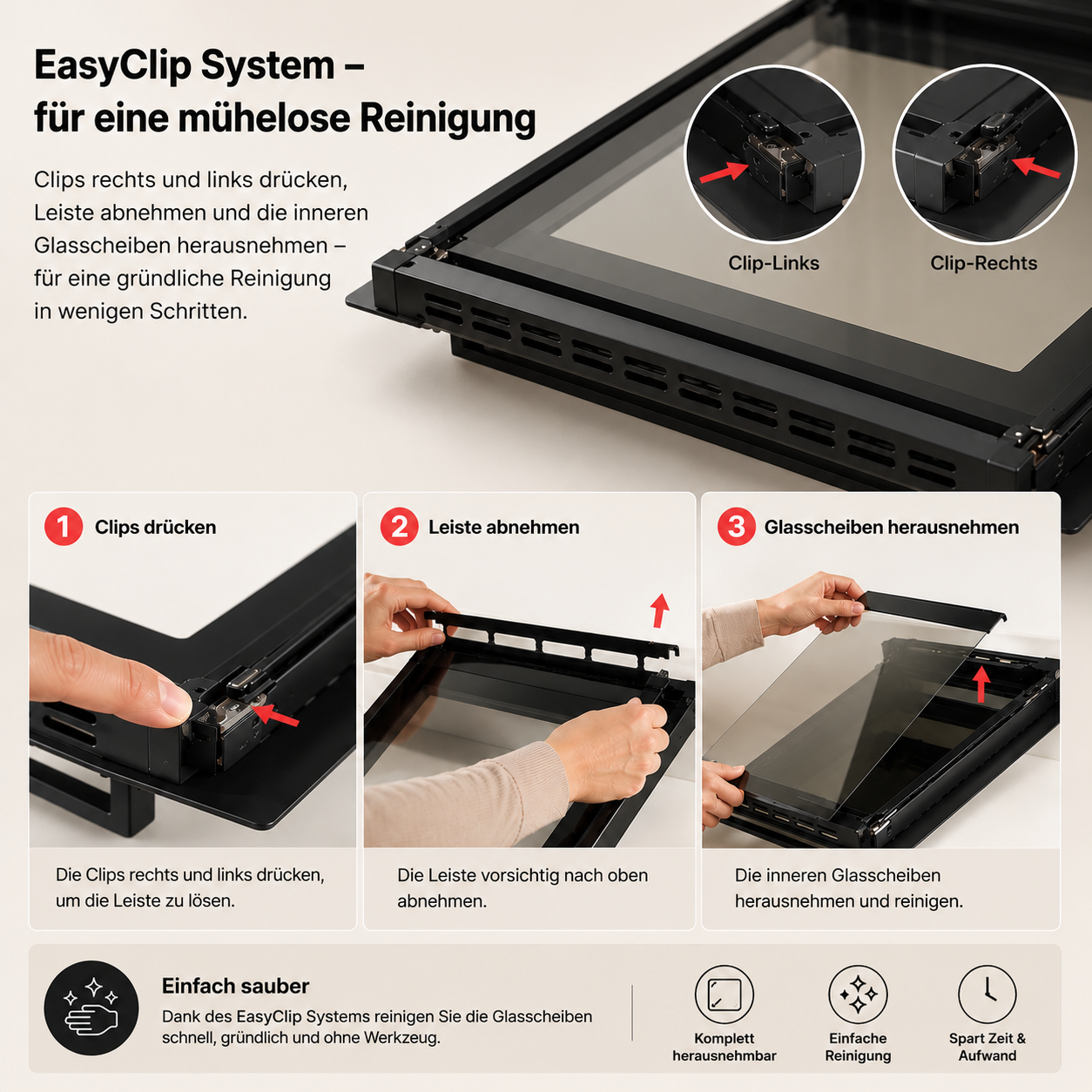 Anleitung zur mühelosen Reinigung der Glasscheiben mit dem EasyClip System.