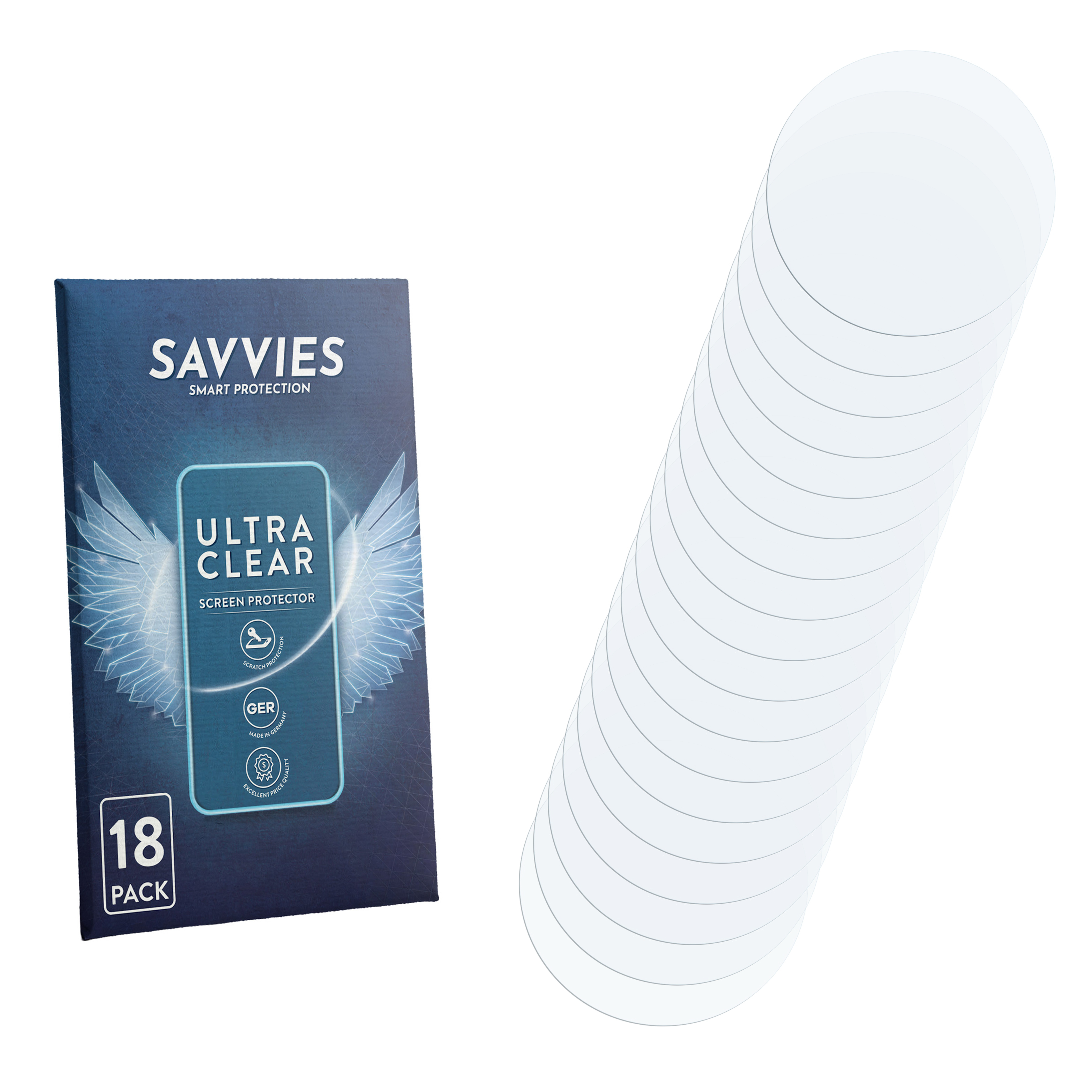 Eine Packung mit 18 Savvies Ultra Clear Displayschutzfolien und einzelnen Folien.