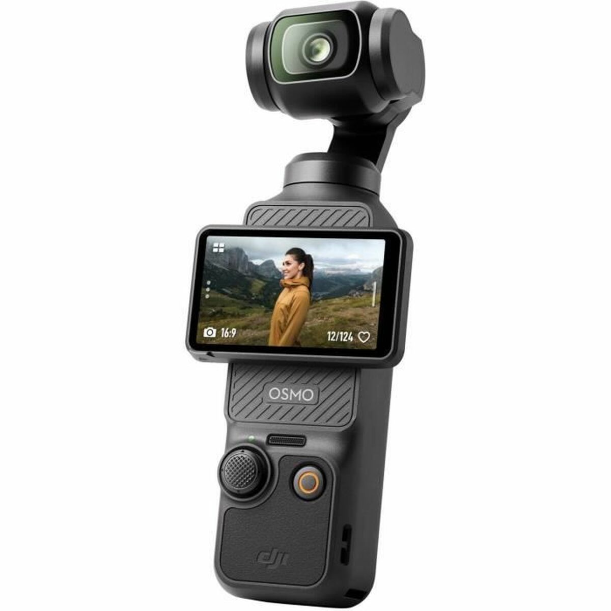 Ein schwarzer Gimbal mit Kamera und Touchscreen, der eine Frau in einer Berglandschaft zeigt.
