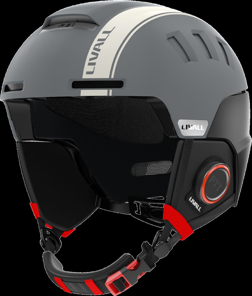 Casco da sci grigio con strisce bianche, rete nera e accenti rossi.