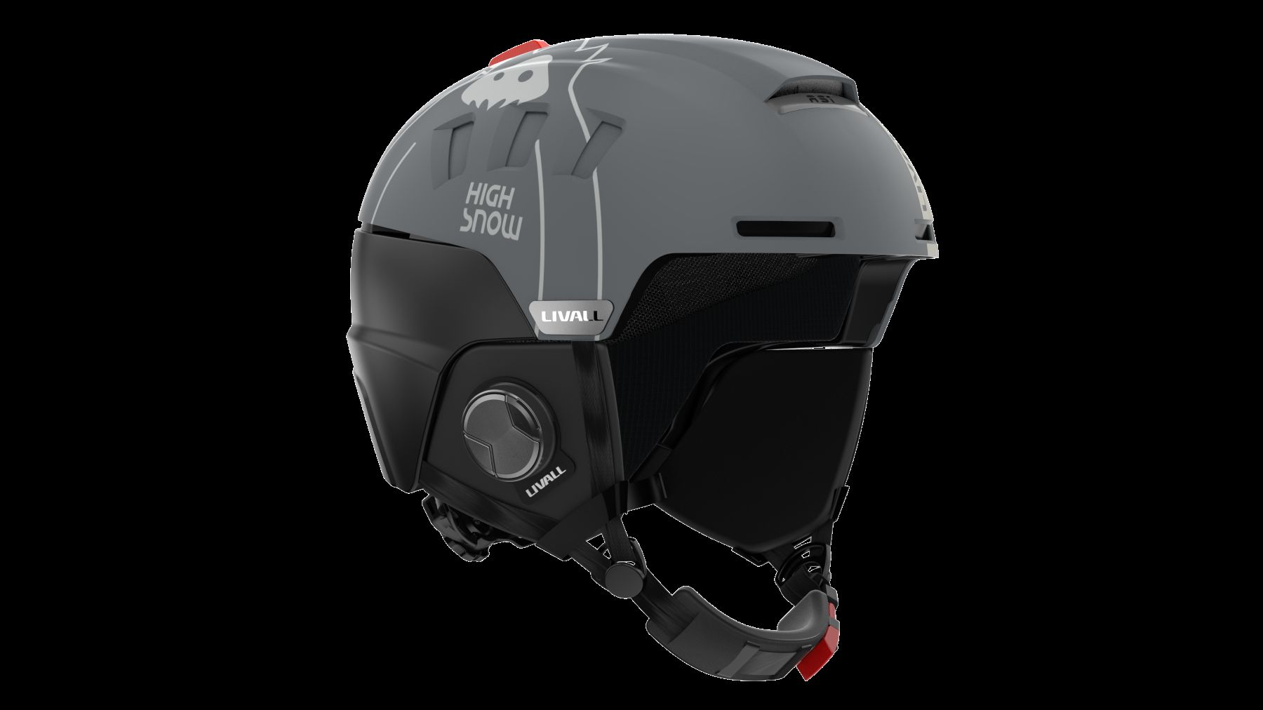 Casco da sci grigio con sottogola nero e un piccolo accento rosso.