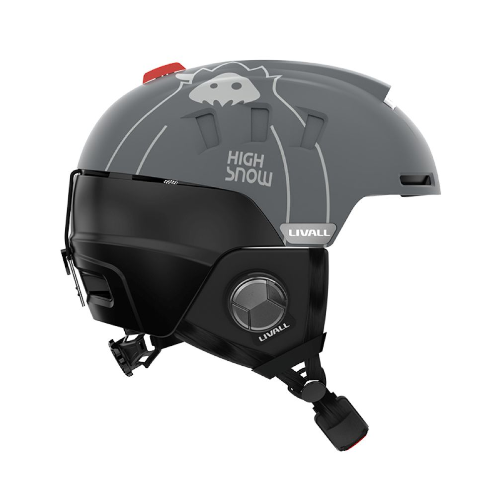 Casco da sci grigio con visiera nera e bottone rosso.