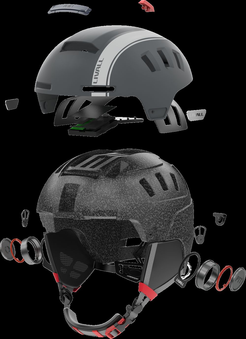 Vista esplosa di un casco nero con strisce grigie e bianche e accenti rossi.
