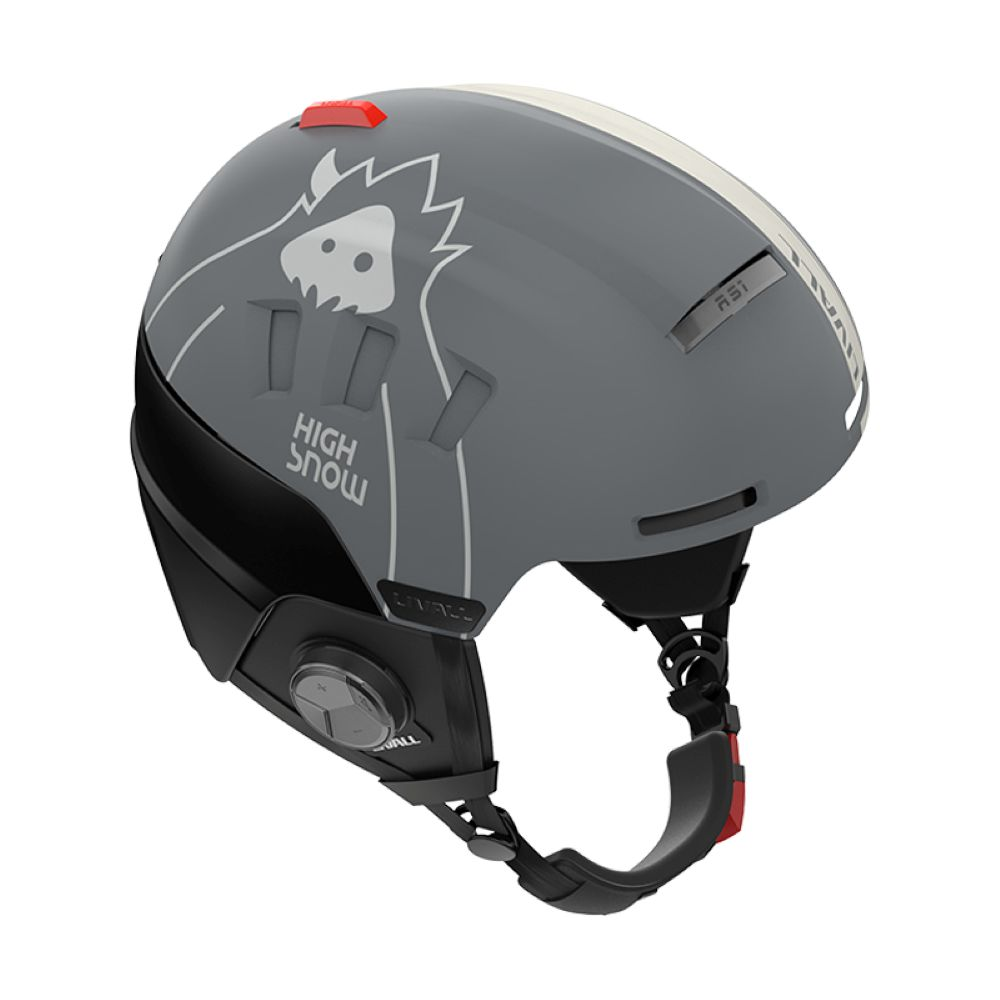 Casco da sci grigio con striscia bianca e grafica yeti.