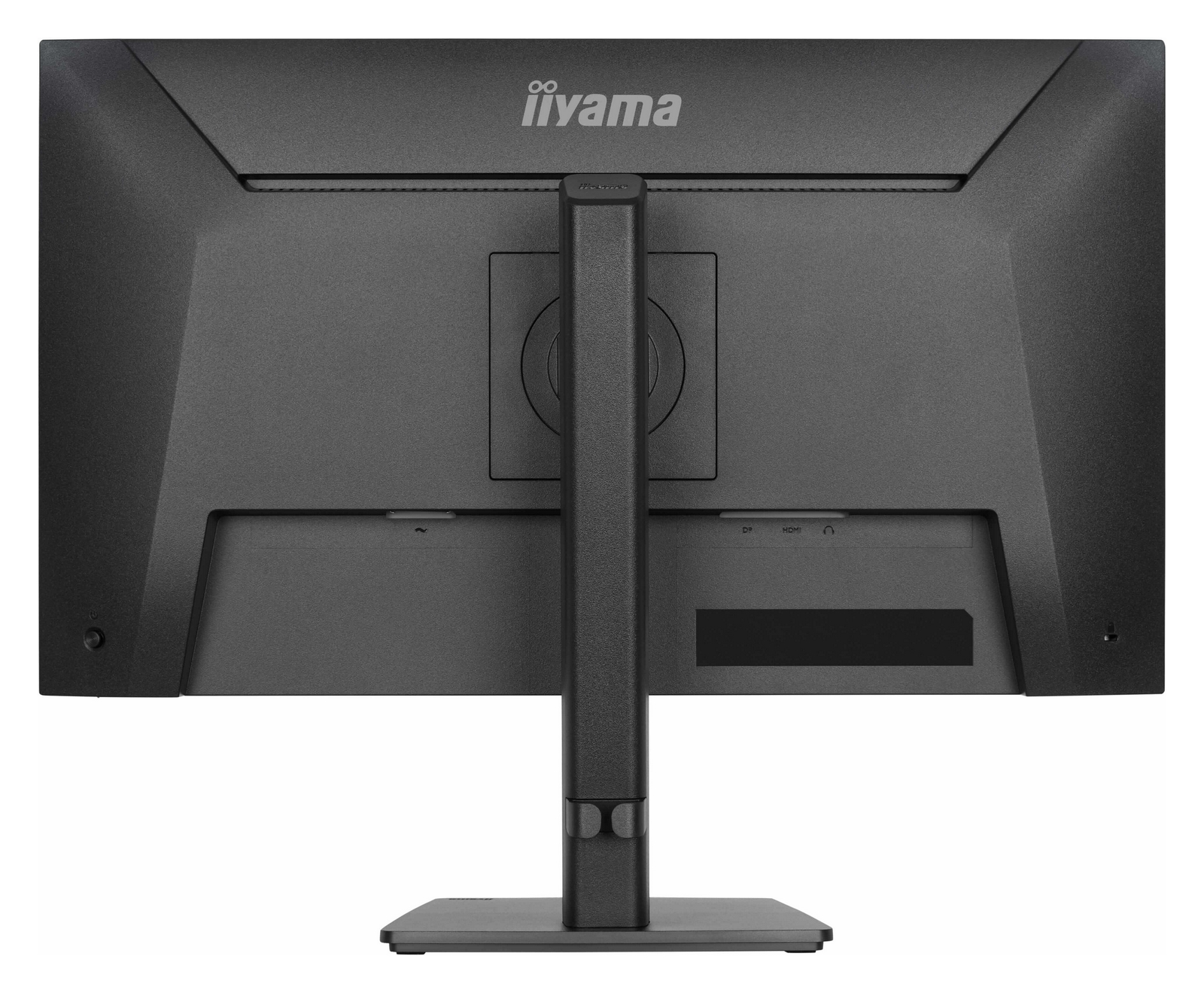 Achterkant van een zwarte Iiyama monitor met standaard en poorten.