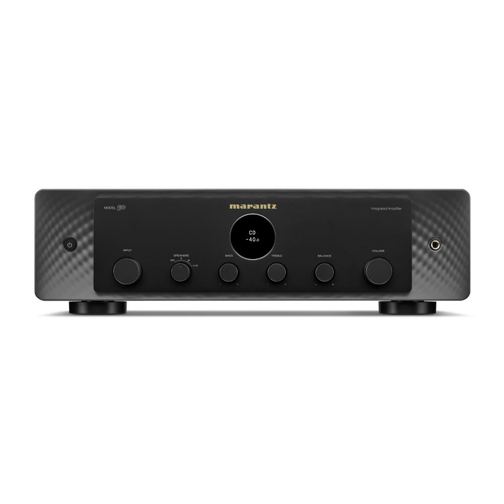 Düğmeli ve ekranlı siyah bir Marantz entegre amplifikatör.