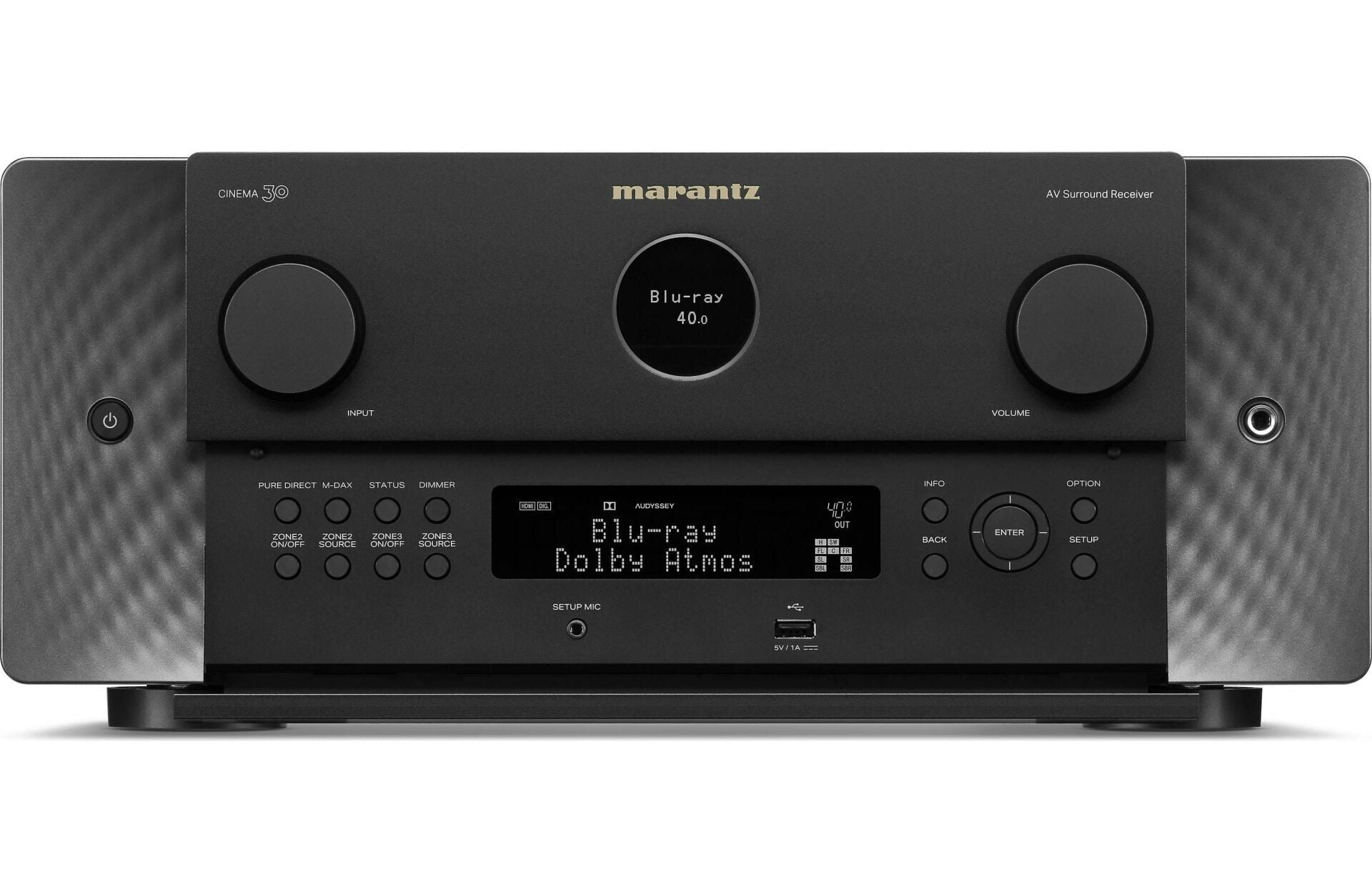 İki düğmeli ve ekranlı siyah bir Marantz AV surround alıcı.